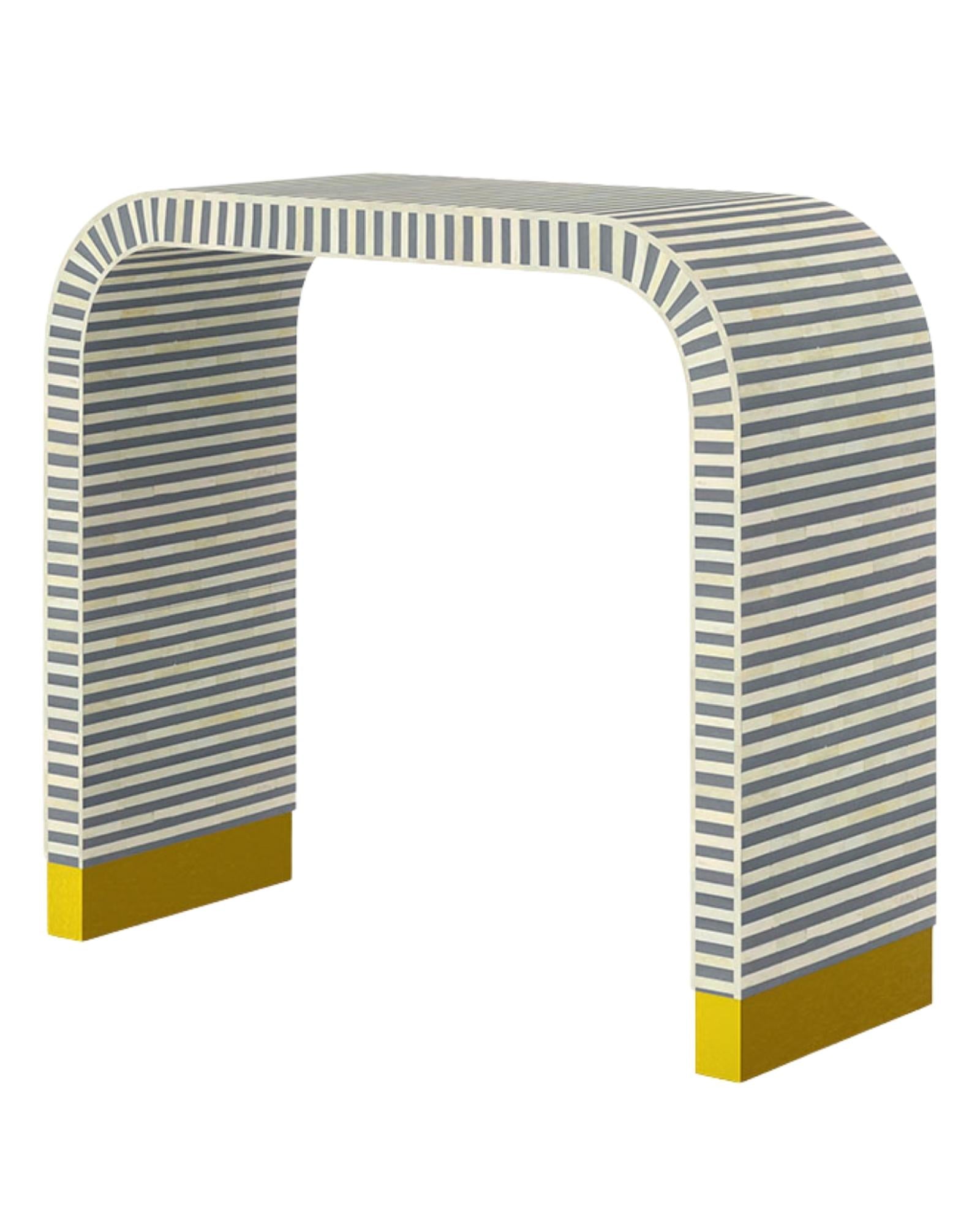 Elegant Saphed Console in grey bone inlay with arched design and gold base, adding sophistication to entryways and living spaces.