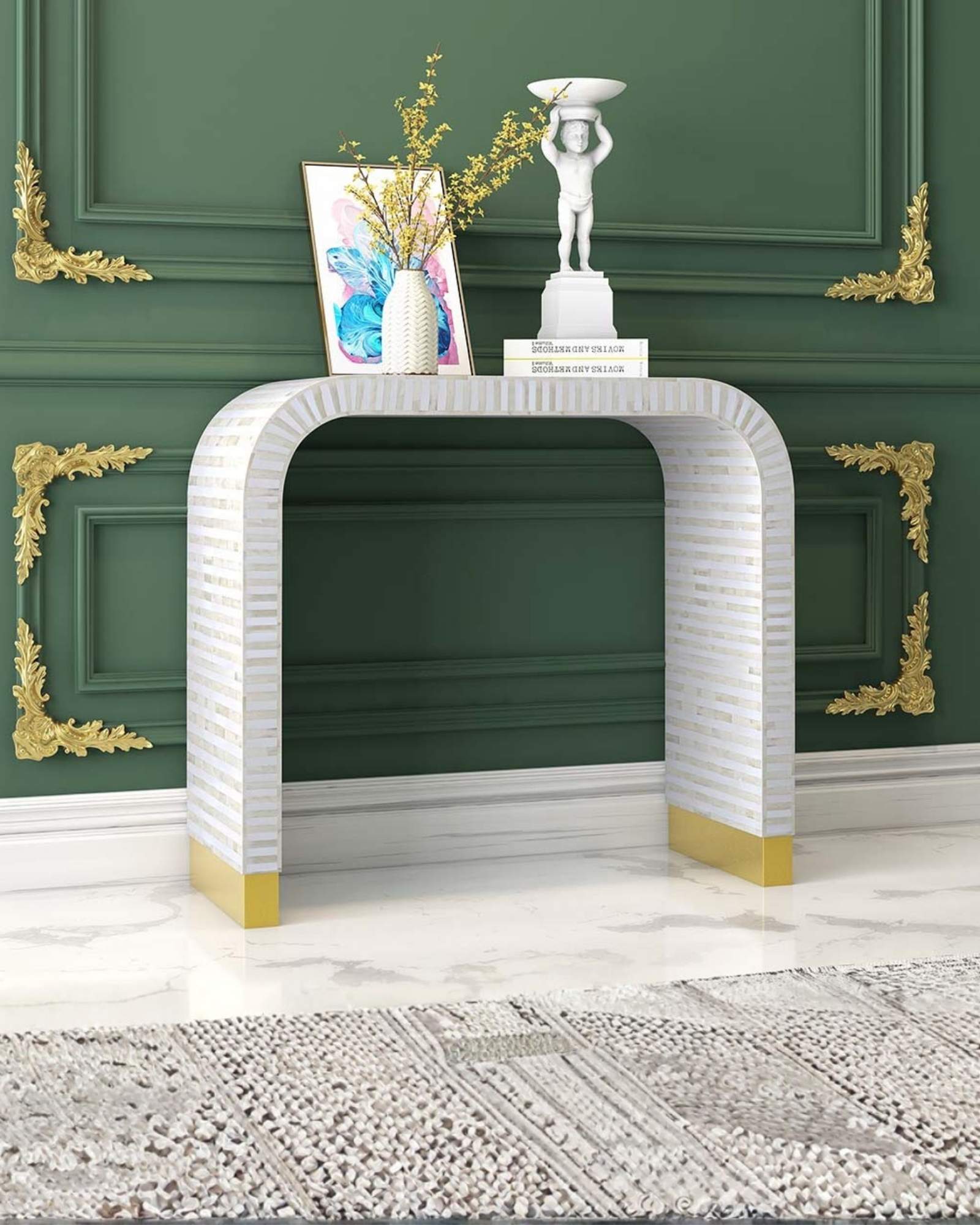 Elegant white bone inlay console with intricate detailing and a modern curved silhouette.