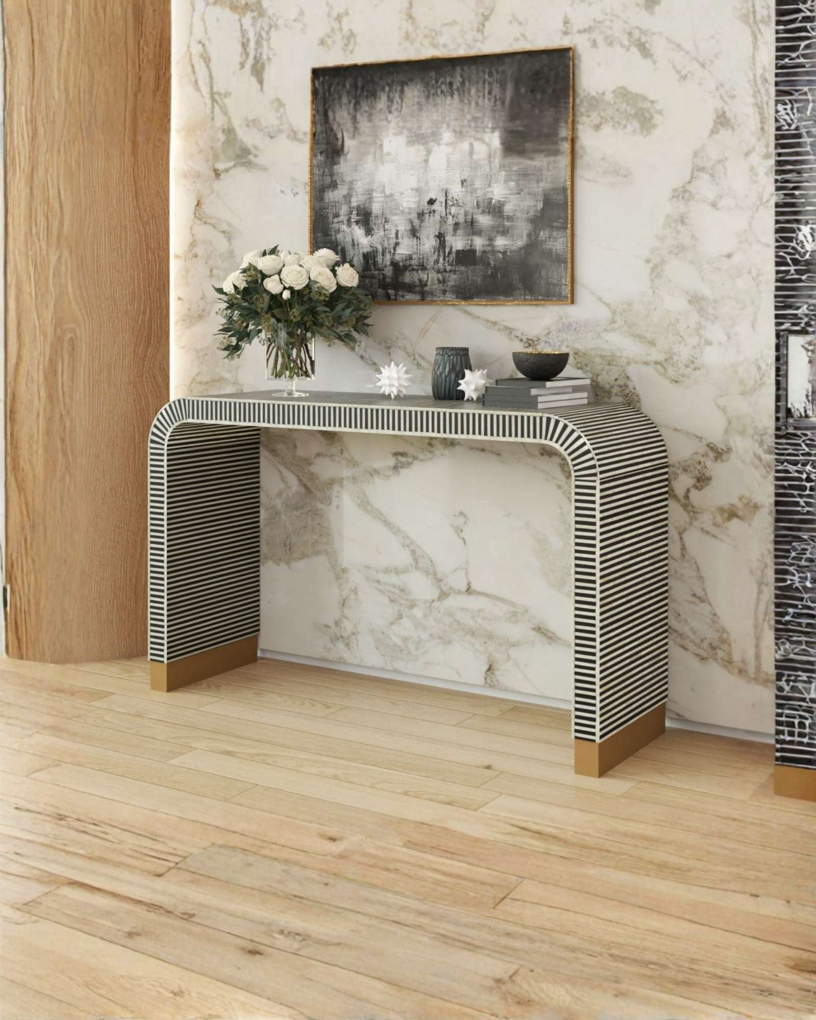 Saphed Console Table - Black & White Bone Inlay