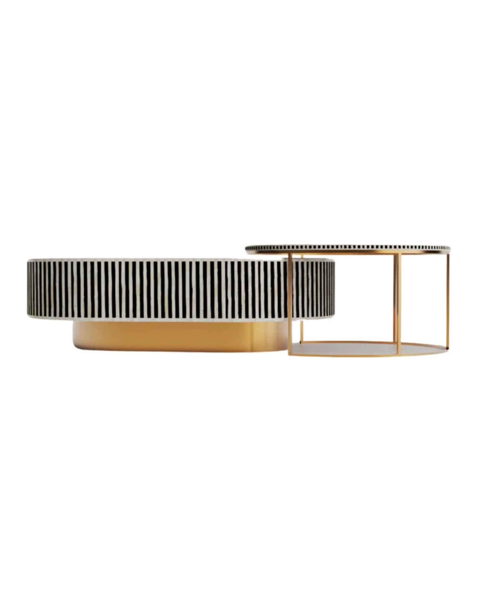 Black bone inlay nesting coffee table with vertical striped pattern and gold base, styled in a modern living room.