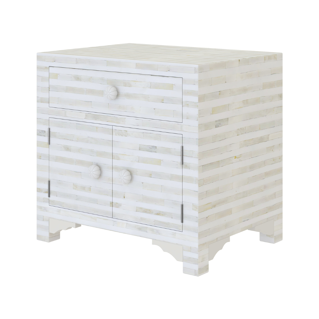 The Saphed Side Drawer features white bone inlay with cabinet doors and a drawer. A graceful accent for luxury interiors.