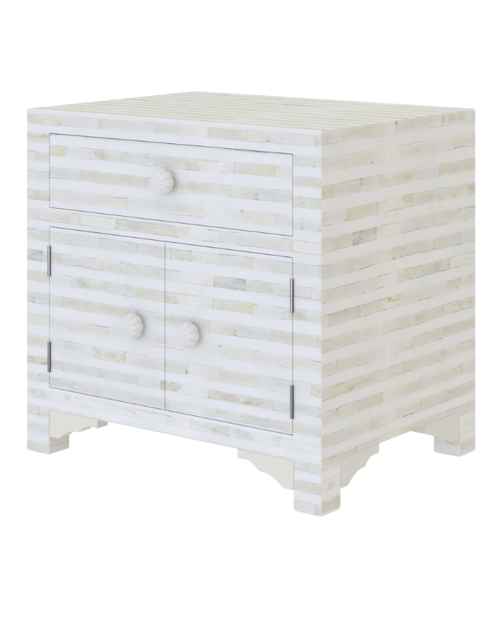 The Saphed Side Drawer features white bone inlay with cabinet doors and a drawer. A graceful accent for luxury interiors.