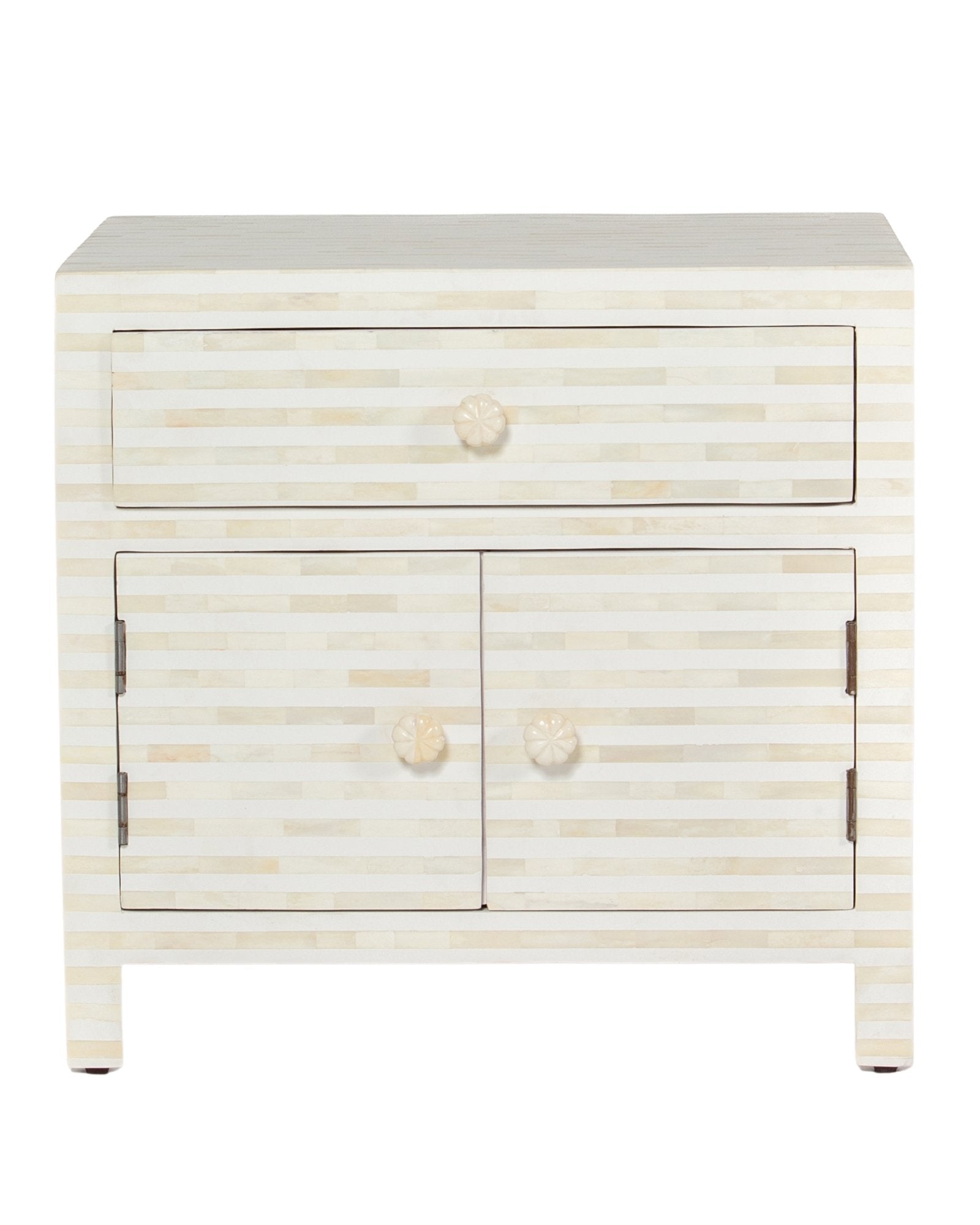 The Saphed Side Drawer features white bone inlay with cabinet doors and a drawer. A graceful accent for luxury interiors.