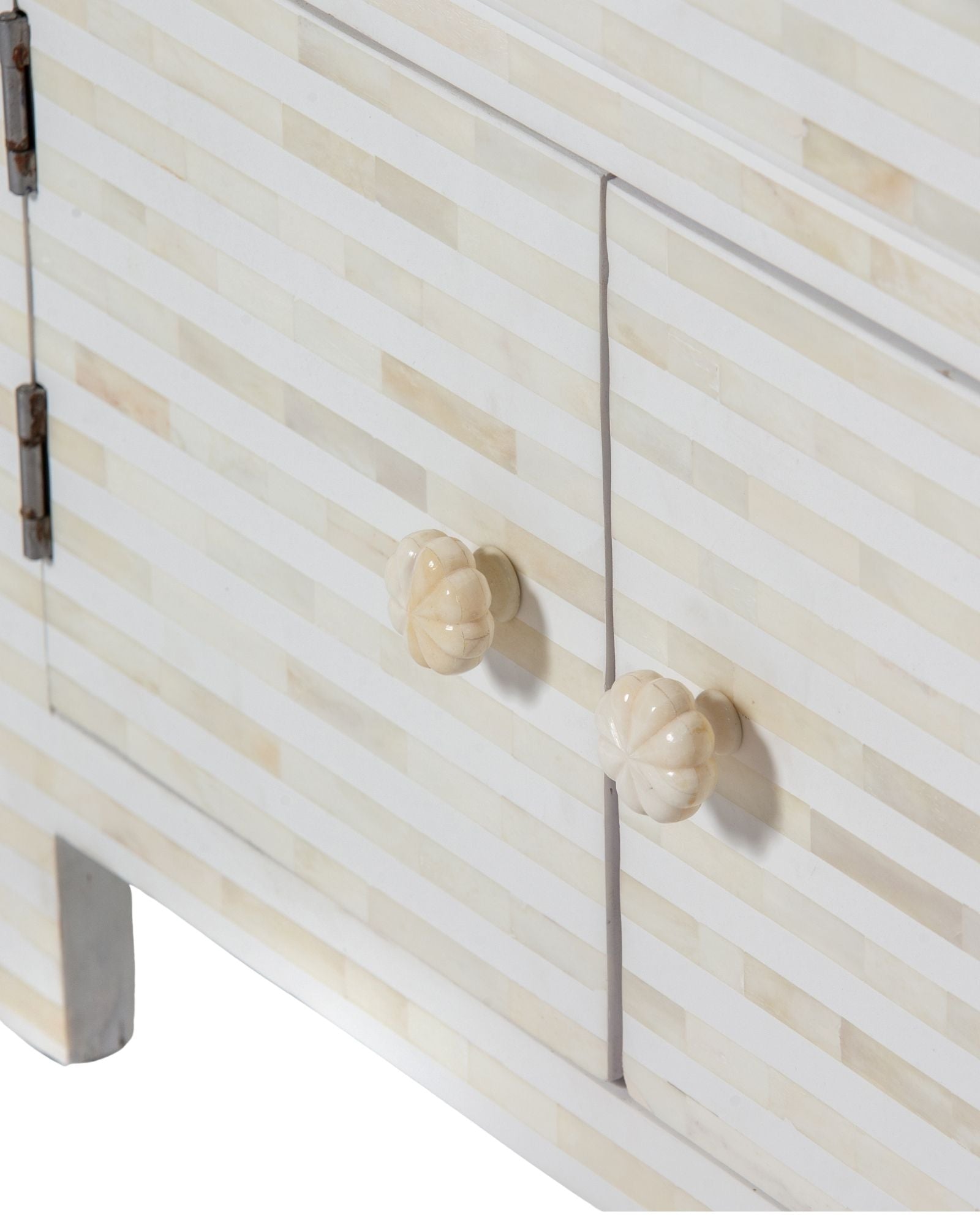 The Saphed Side Drawer features white bone inlay with cabinet doors and a drawer. A graceful accent for luxury interiors.
