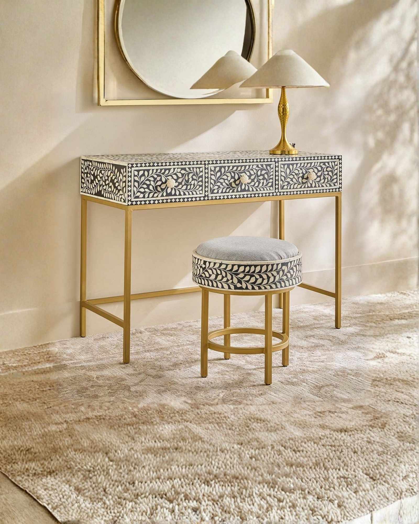 Seema Dresser Console & Stool - Black & White Bone Inlay - Tabeer Homes