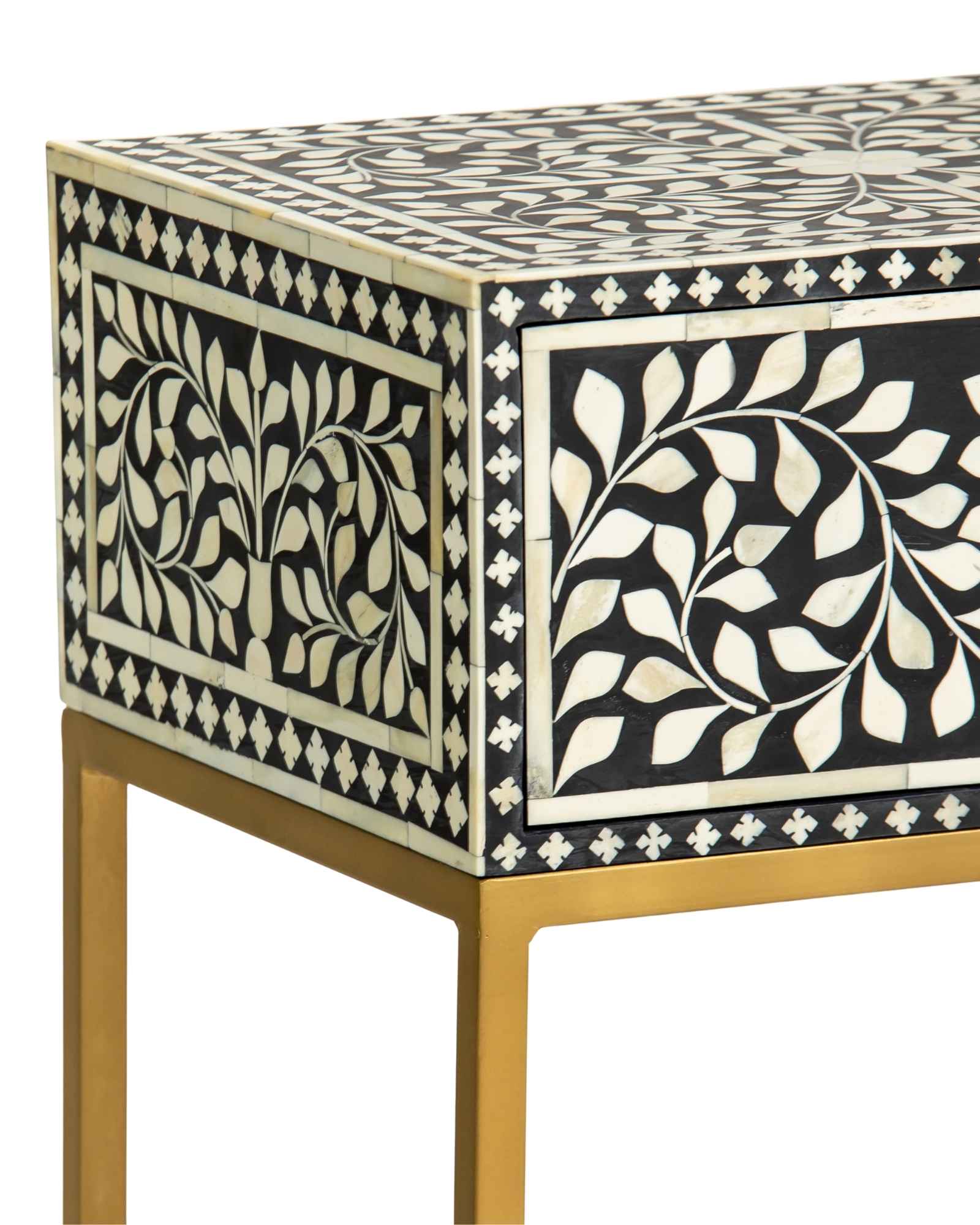 Bone inlay side drawer featuring floral vine pattern in black and white with metal base, handcrafted furniture piece