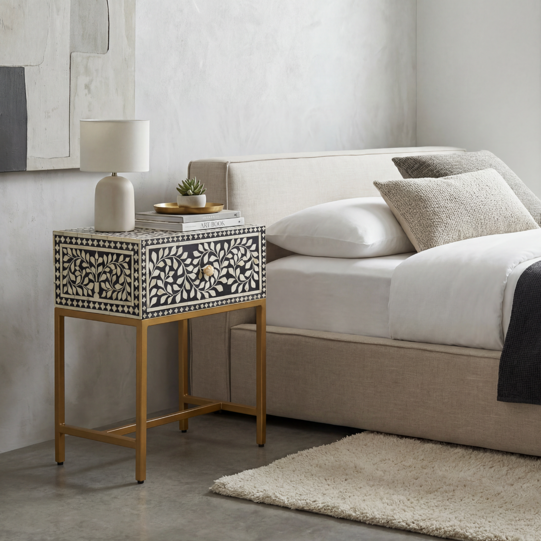 Bone inlay side drawer featuring floral vine pattern in black and white with metal base, handcrafted furniture piece