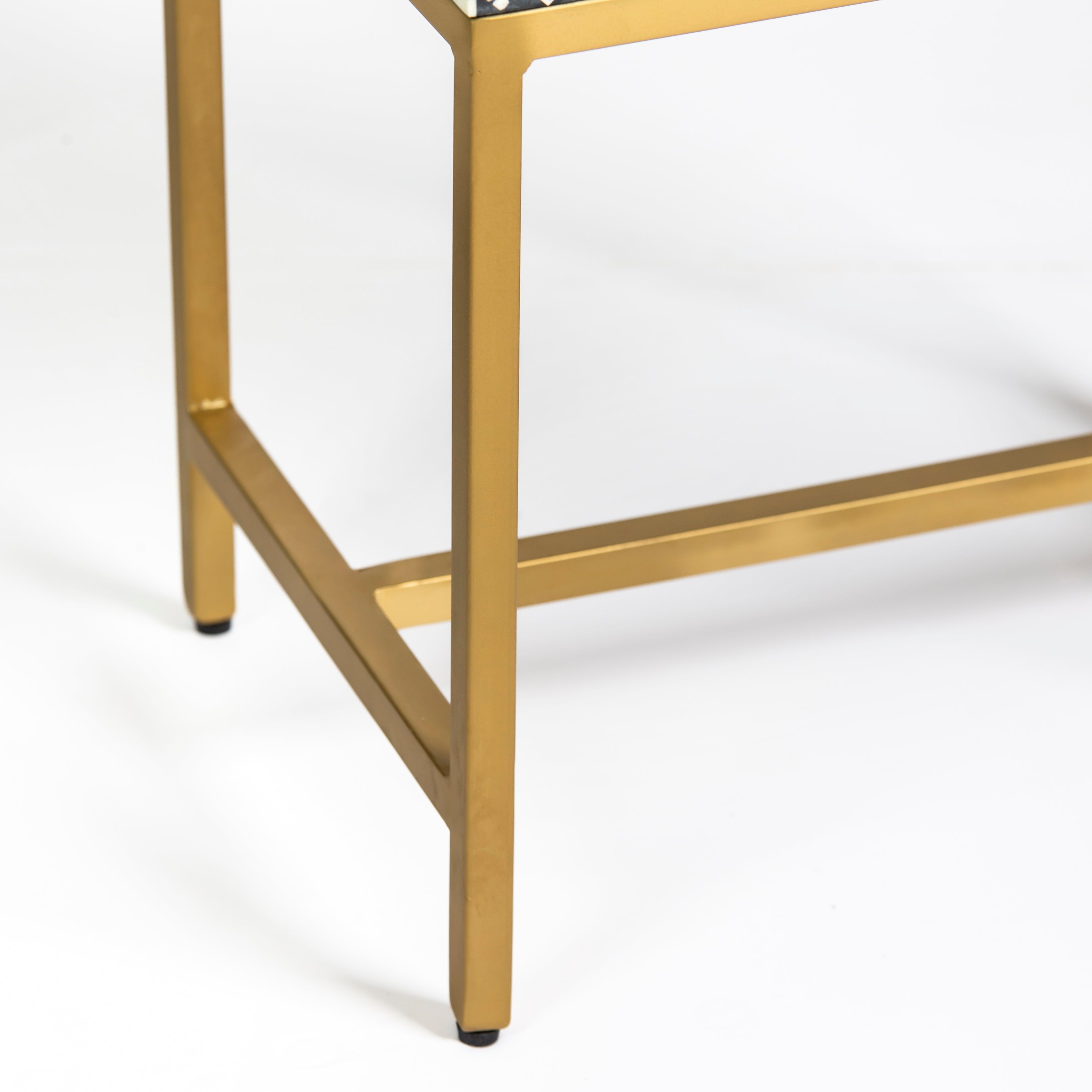 Bone inlay side drawer featuring floral vine pattern in black and white with metal base, handcrafted furniture piece