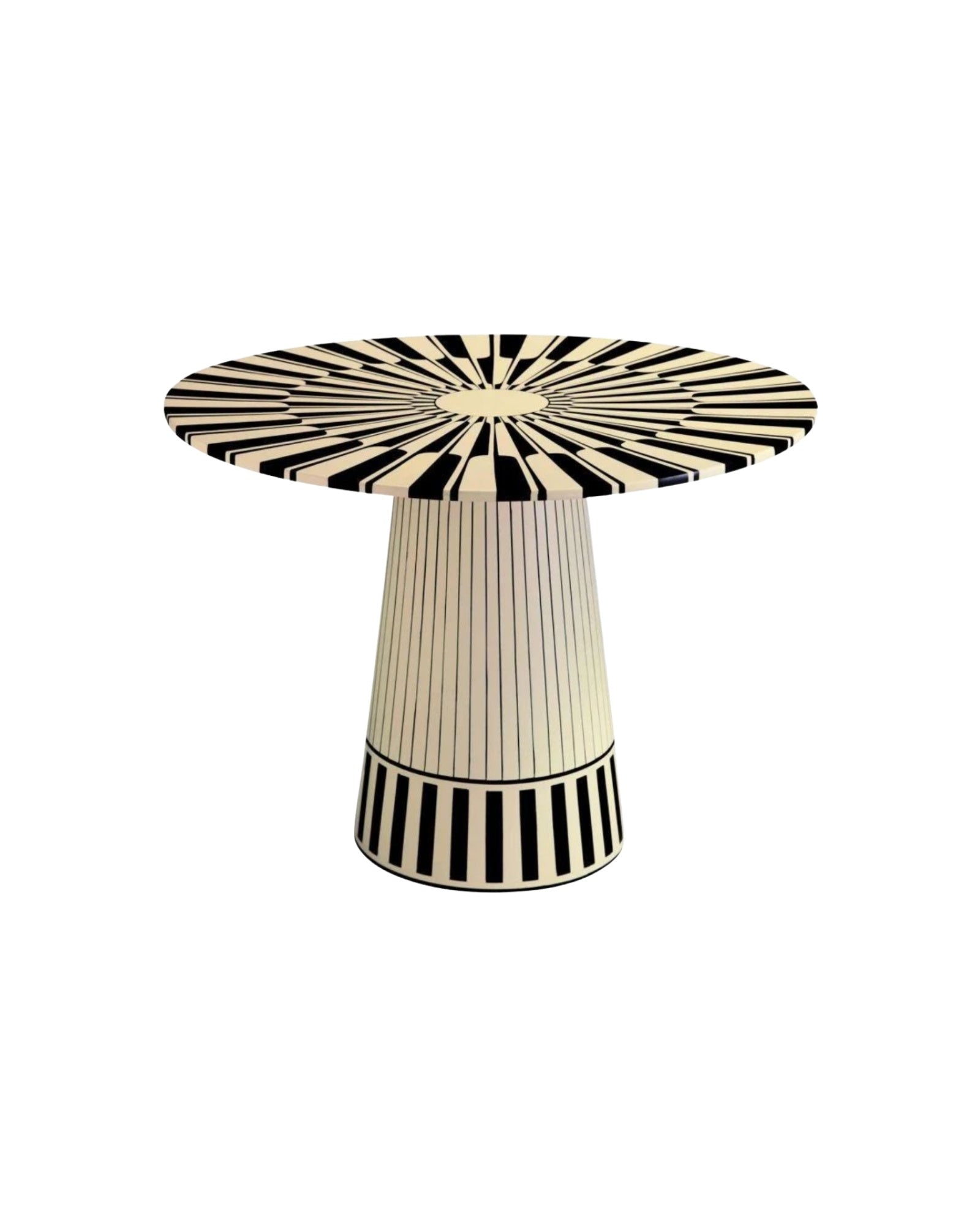 Sol Dining Table, black and white bone inlay design, handcrafted sunburst pattern by Tabeer Homes.