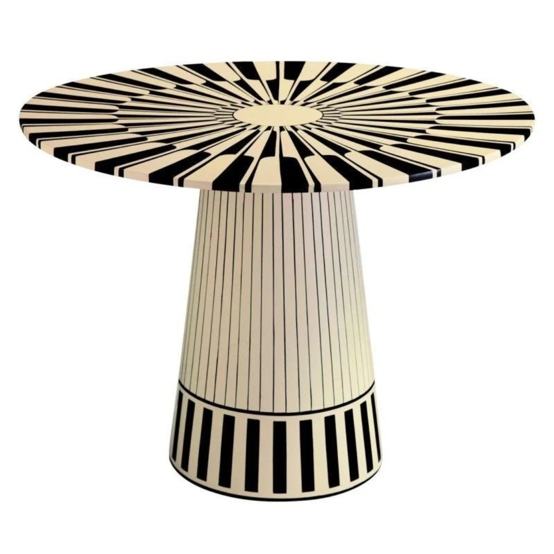 Sol Dining Table, black and white bone inlay design, handcrafted sunburst pattern by Tabeer Homes