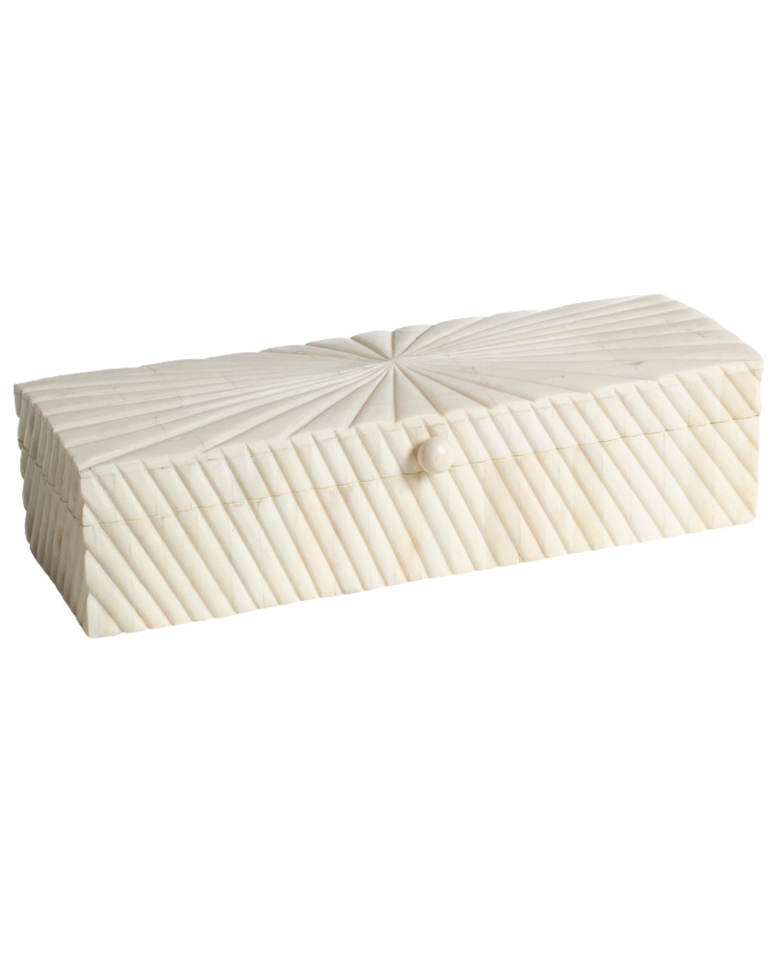 Hand carved bone decorative box with geometric texture, rectangular storage box in natural ivory finish.