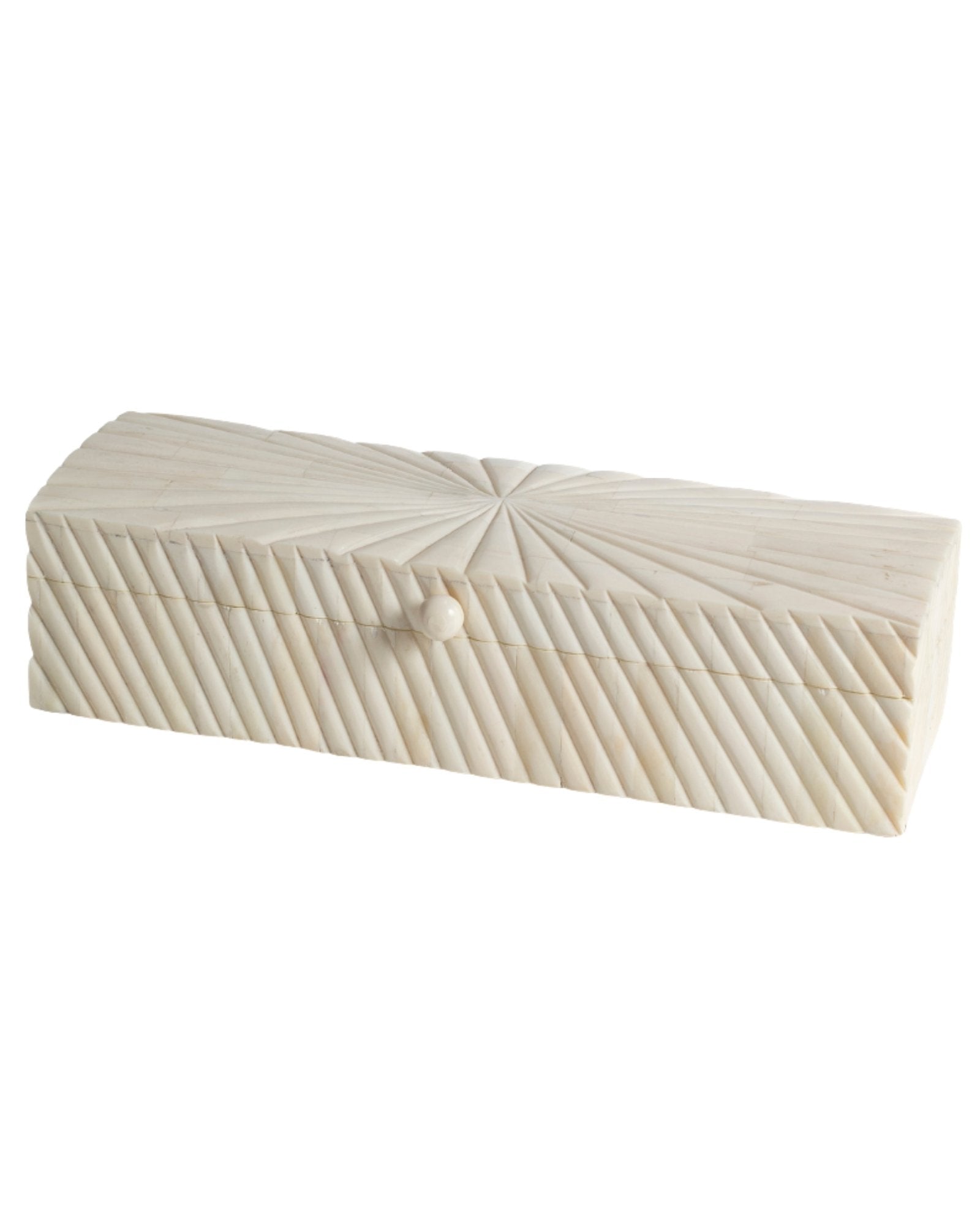 Hand carved bone decorative box with geometric texture, rectangular storage box in natural ivory finish.