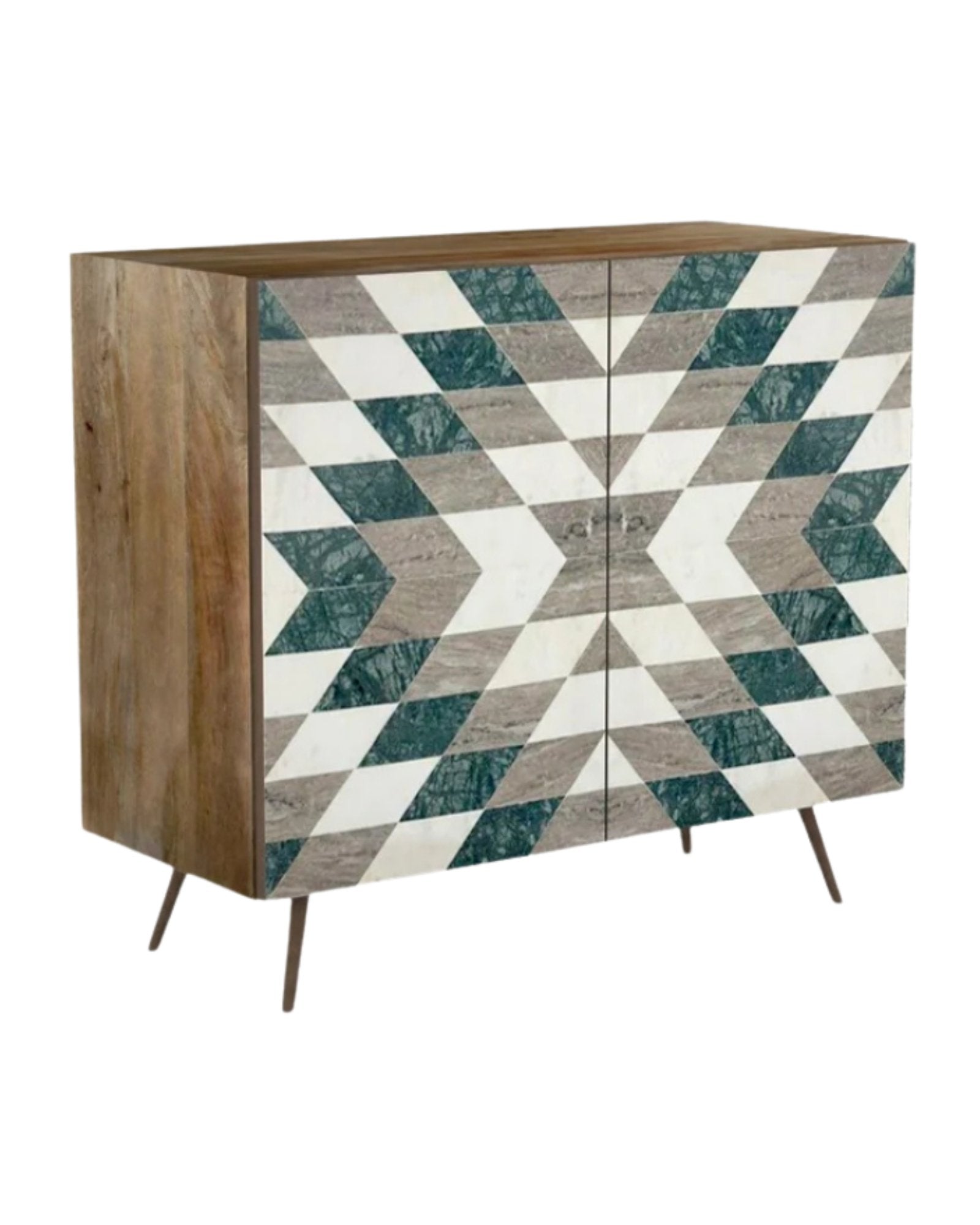 Handcrafted green, beige and white cabinet with intricate Marble Geometric Pattern, featuring sleek metal legs. A luxurious storage solution for any space.