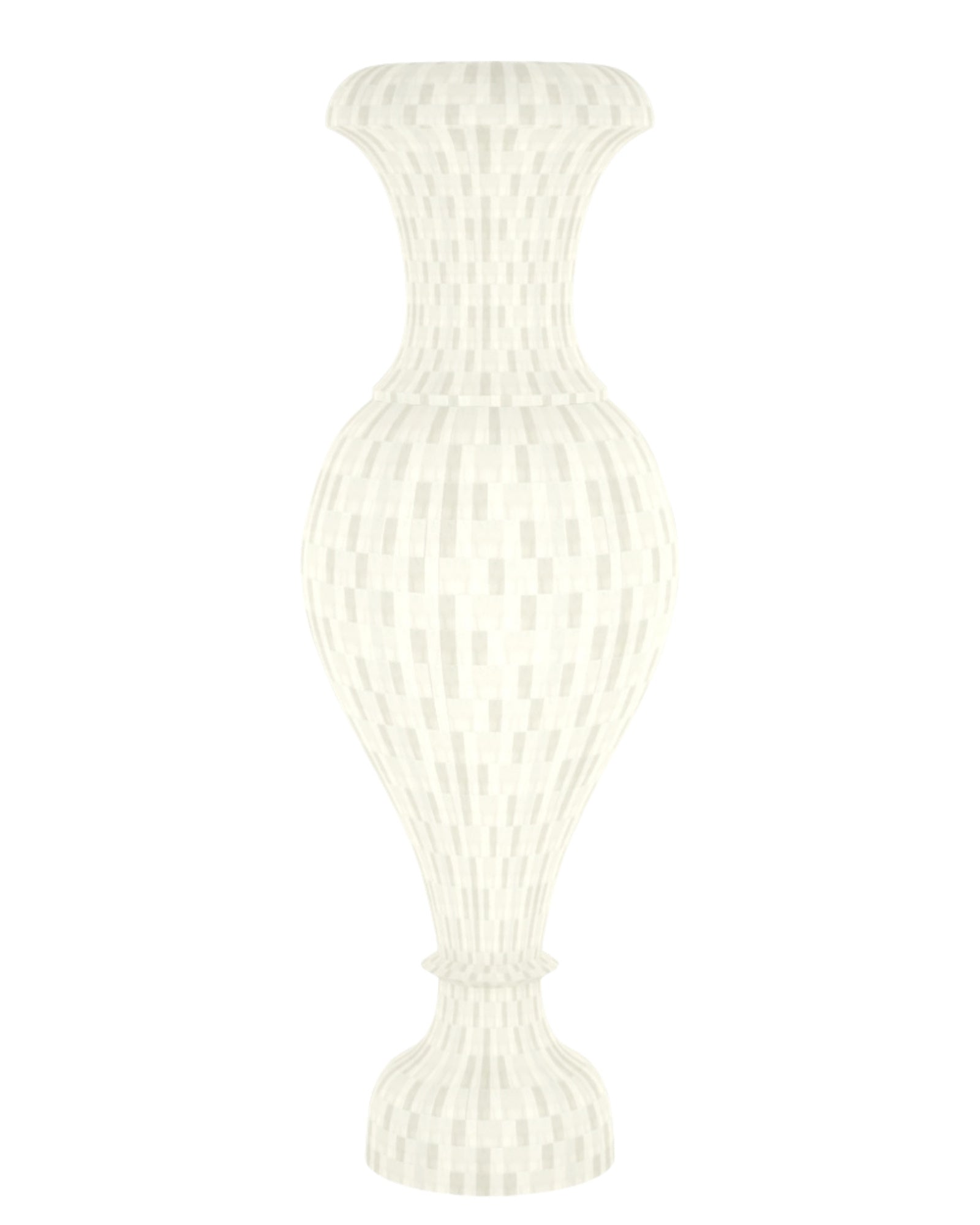 Tall handcrafted bone inlay vase featuring a checkered white neck and base.