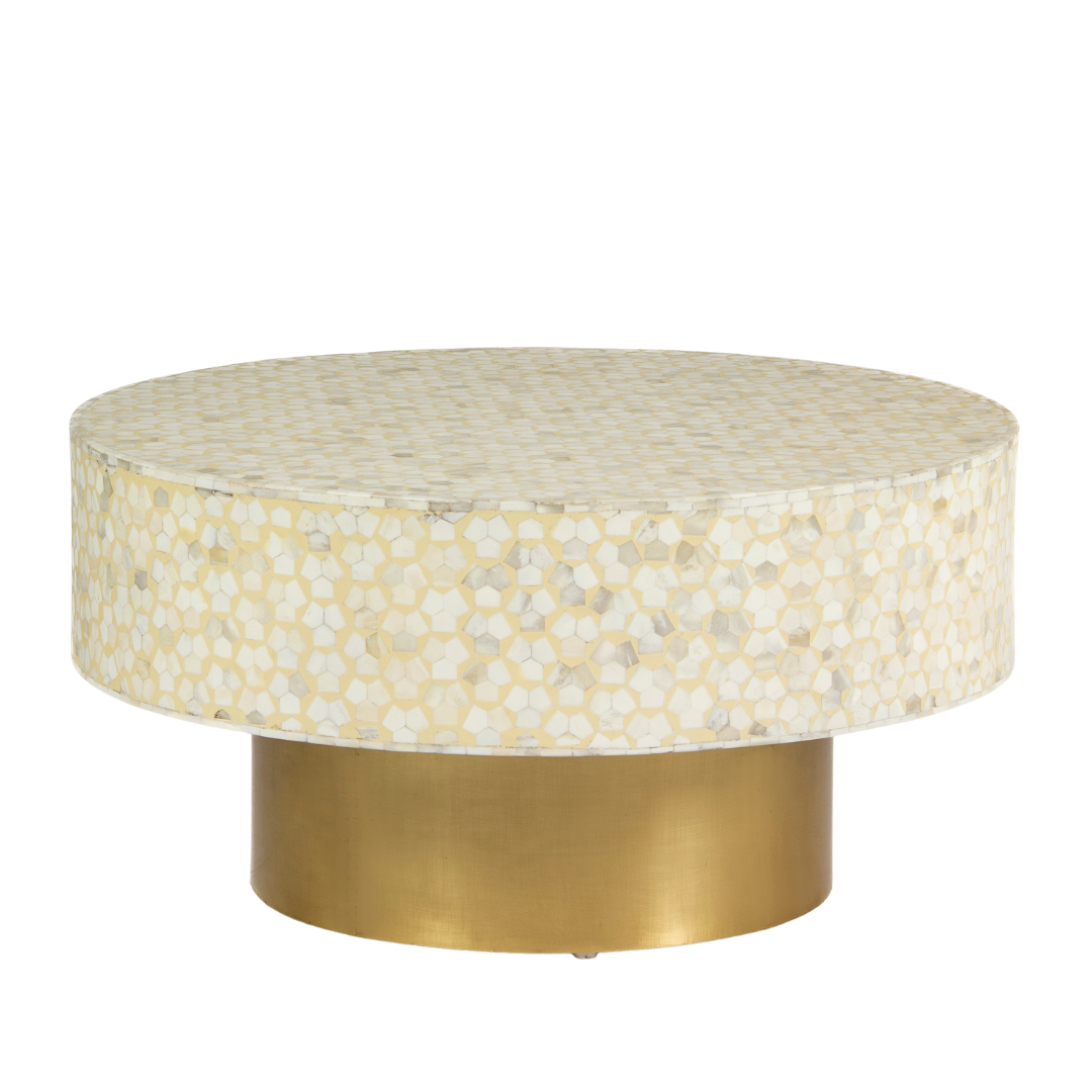 Round cream bone inlay coffee table with mosaic pattern and a gold base. Available in two size variants for versatile use.