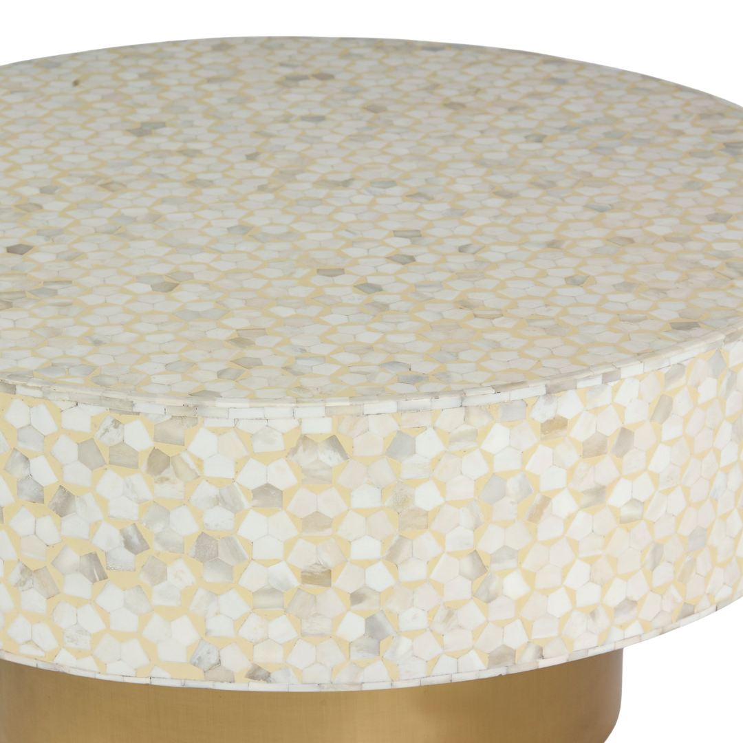 Round cream bone inlay coffee table with mosaic pattern and a gold base. Available in two size variants for versatile use.
