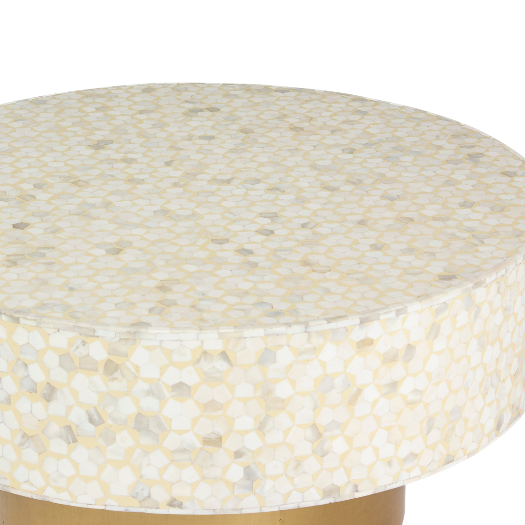 Round cream bone inlay coffee table with mosaic pattern and a gold base. Available in two size variants for versatile use.