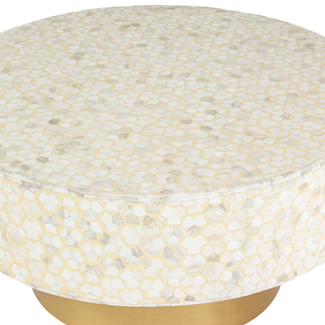 Round cream bone inlay coffee table with mosaic pattern and a gold base. Available in two size variants for versatile use.