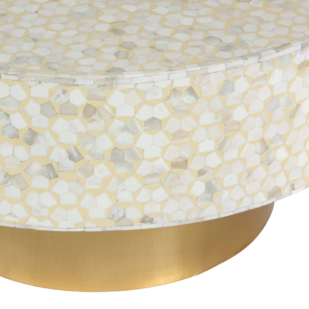 Round cream bone inlay coffee table with mosaic pattern and a gold base. Available in two size variants for versatile use.