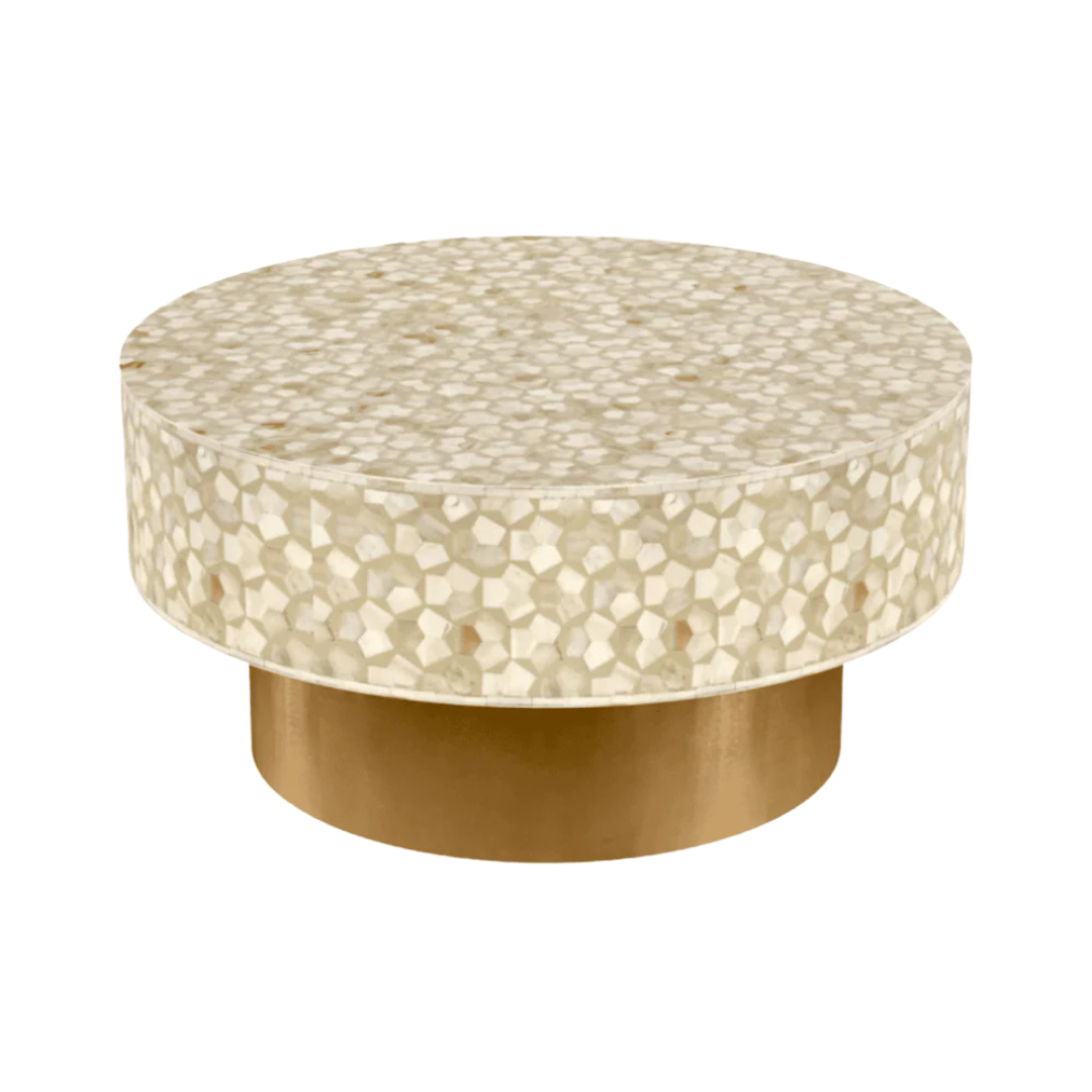 Round cream bone inlay coffee table with mosaic pattern and a gold base. Available in two size variants for versatile use.