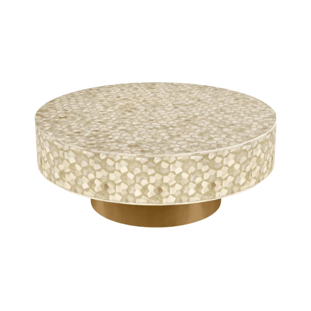 Round cream bone inlay coffee table with mosaic pattern and a gold base. Available in two size variants for versatile use.