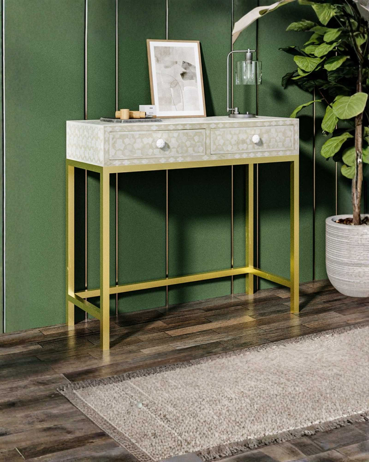 mini dresser table Vaan console with stunning bone inlay work ProductID: 102581 Fit:Contemporary (Slim) Made from high Sleek Black Embellished Grecian