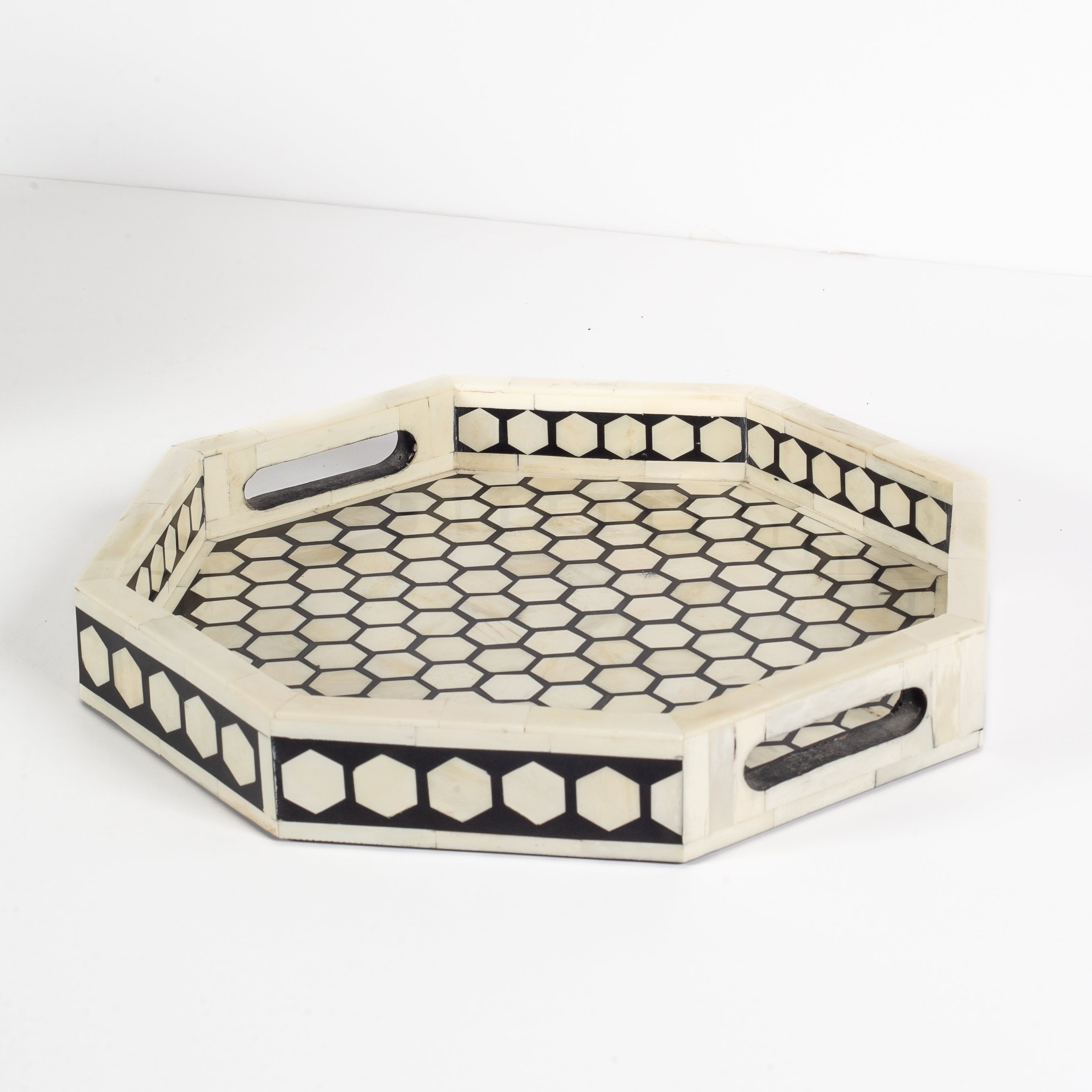 Vaan Tray – Black Bone Inlay by Tabeer Homes, handcrafted geometric bone-inlay decorative tray.