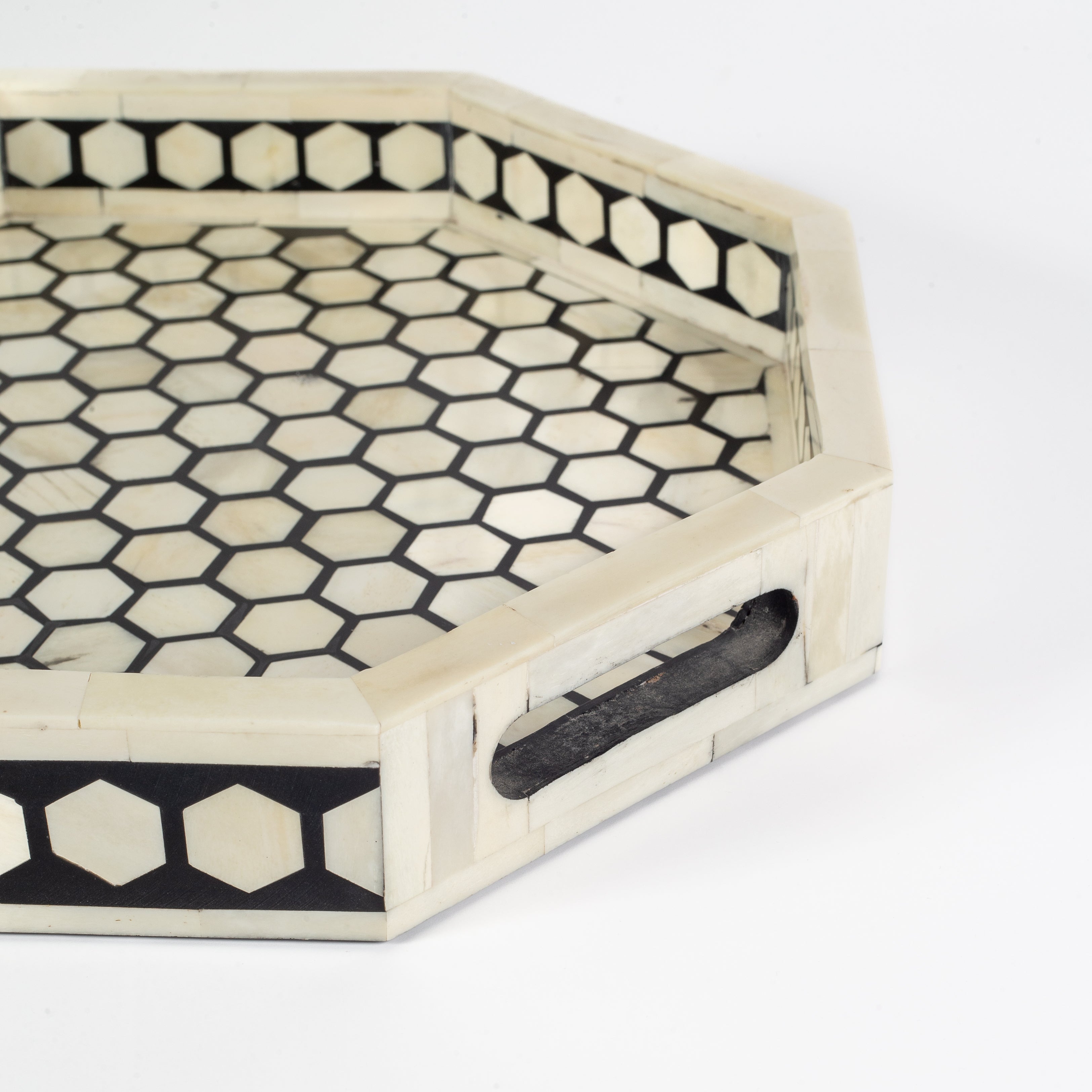 Vaan Tray – Black Bone Inlay by Tabeer Homes, handcrafted geometric bone-inlay decorative tray.