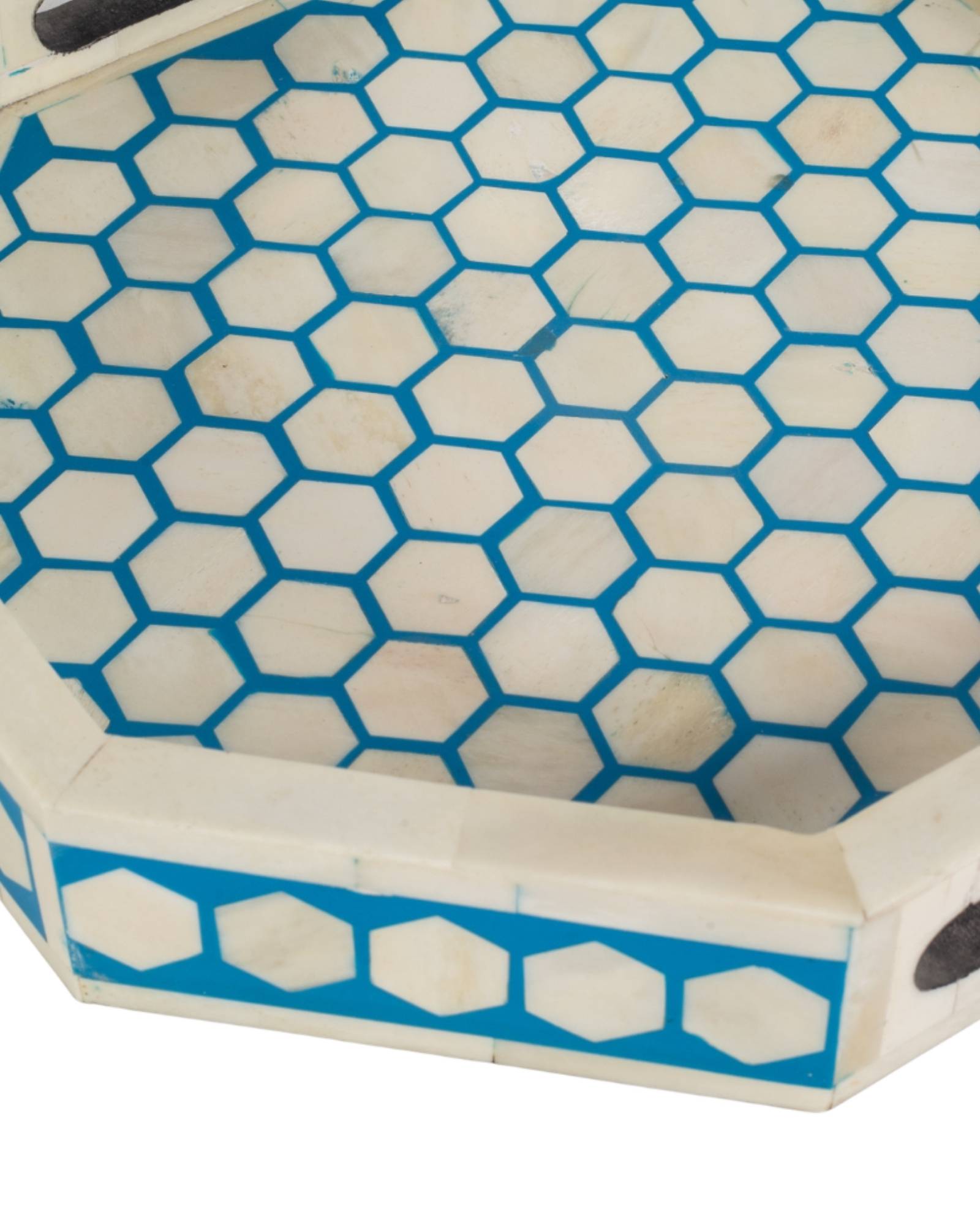 Blue bone inlay tray with hexagonal pattern, handcrafted decorative serving tray.