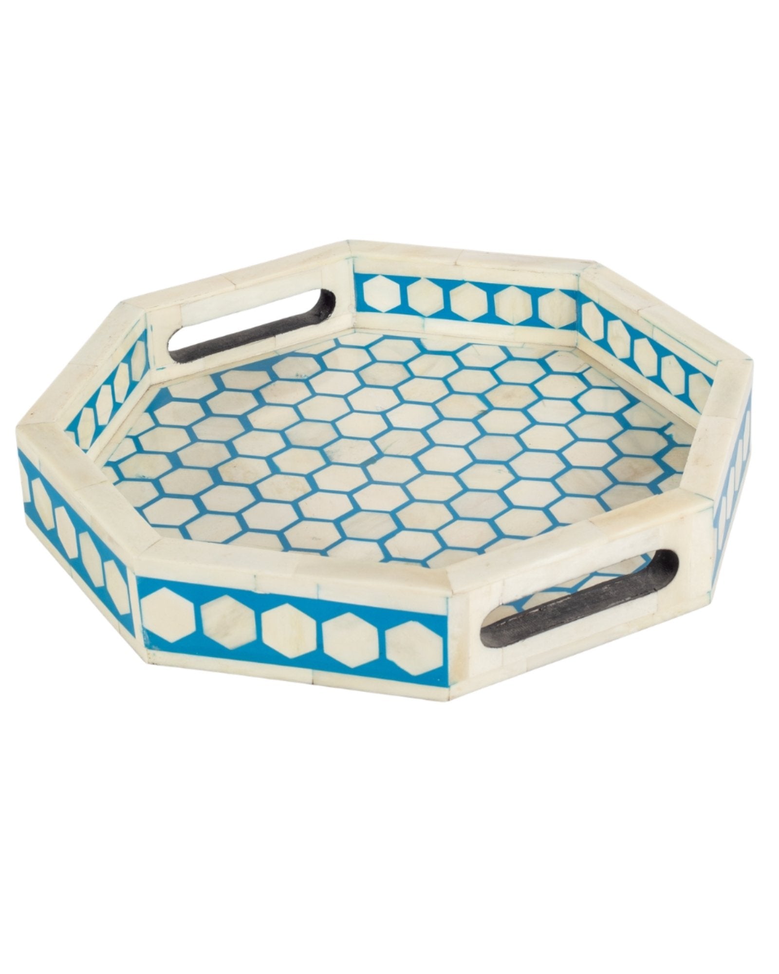 Blue bone inlay tray with hexagonal pattern, handcrafted decorative serving tray.