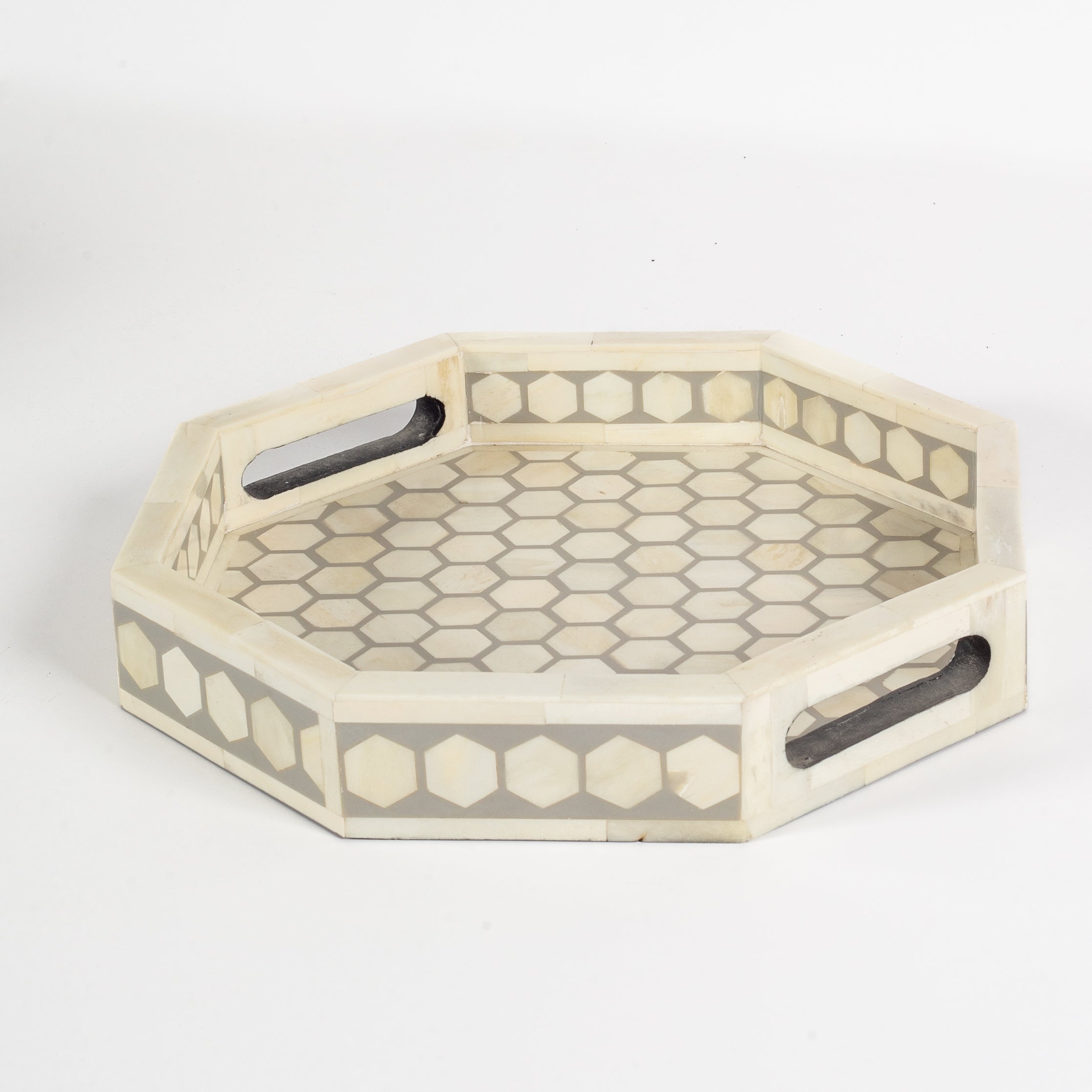 Vaan Tray – Grey Bone Inlay by Tabeer Homes, handcrafted geometric bone-inlay decorative tray.
