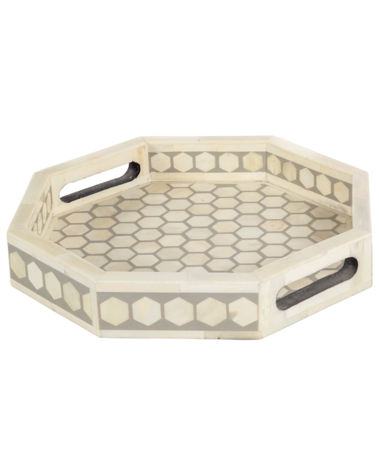Grey bone inlay tray with hexagonal pattern, handcrafted decorative serving tray.