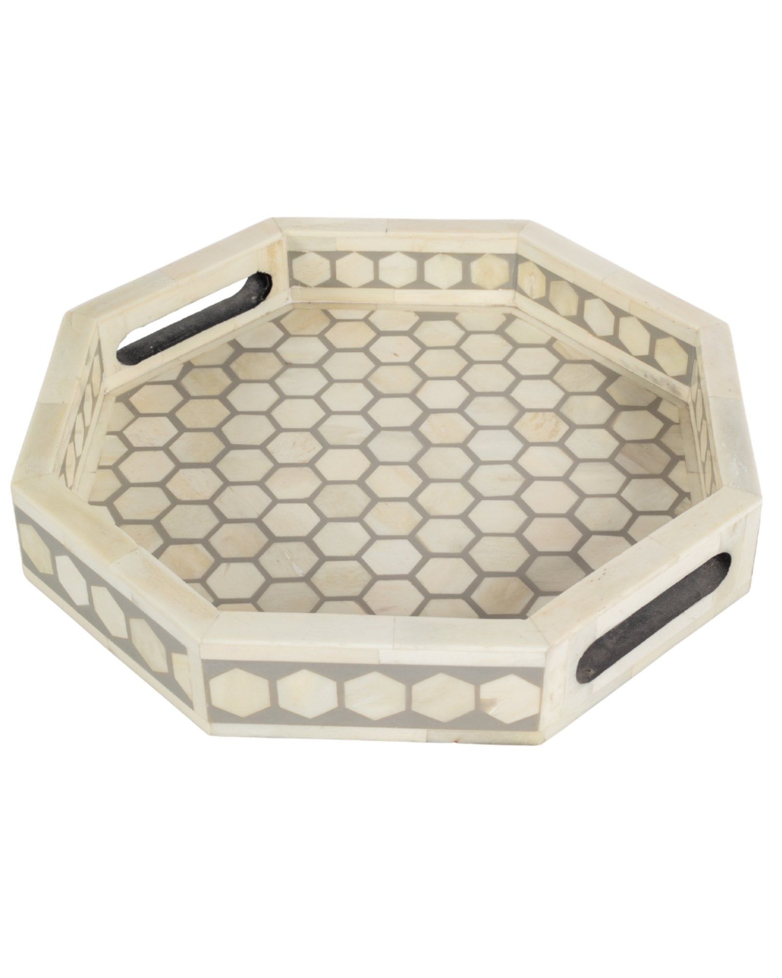 Grey bone inlay tray with hexagonal pattern, handcrafted decorative serving tray.