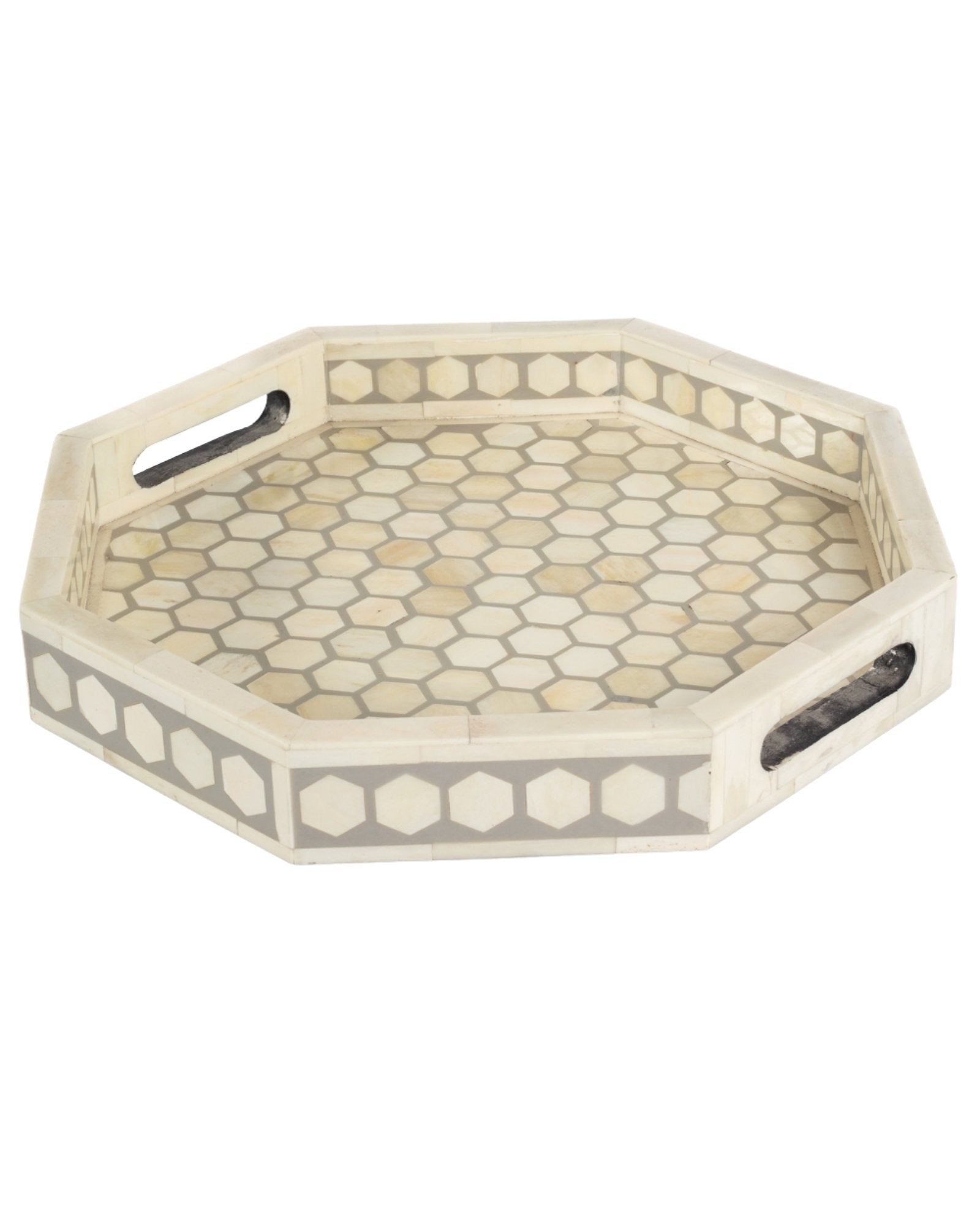 Grey bone inlay tray with hexagonal pattern, handcrafted decorative serving tray.