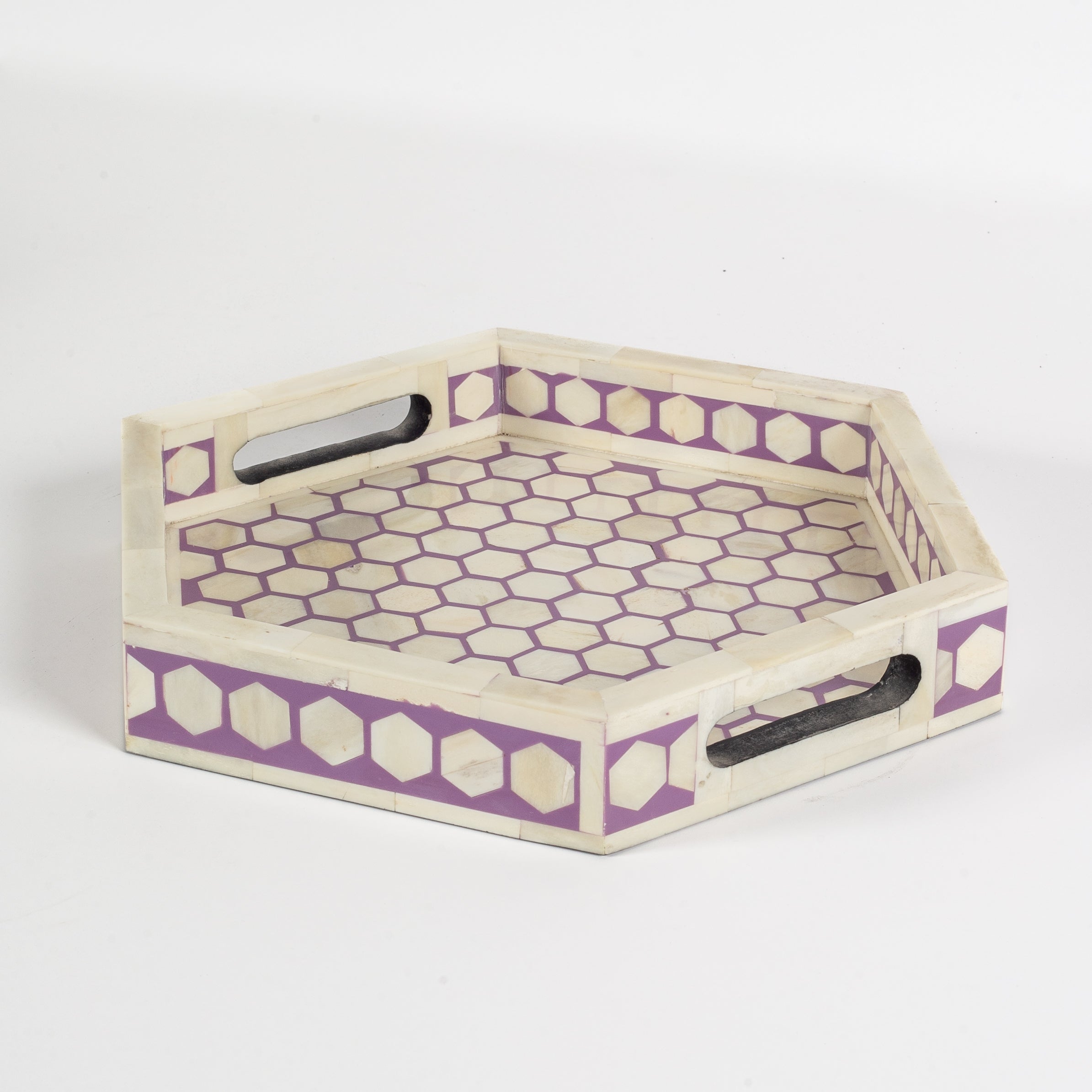 Vaan Tray – Purple Bone Inlay by Tabeer Homes, handcrafted geometric bone-inlay decorative tray.