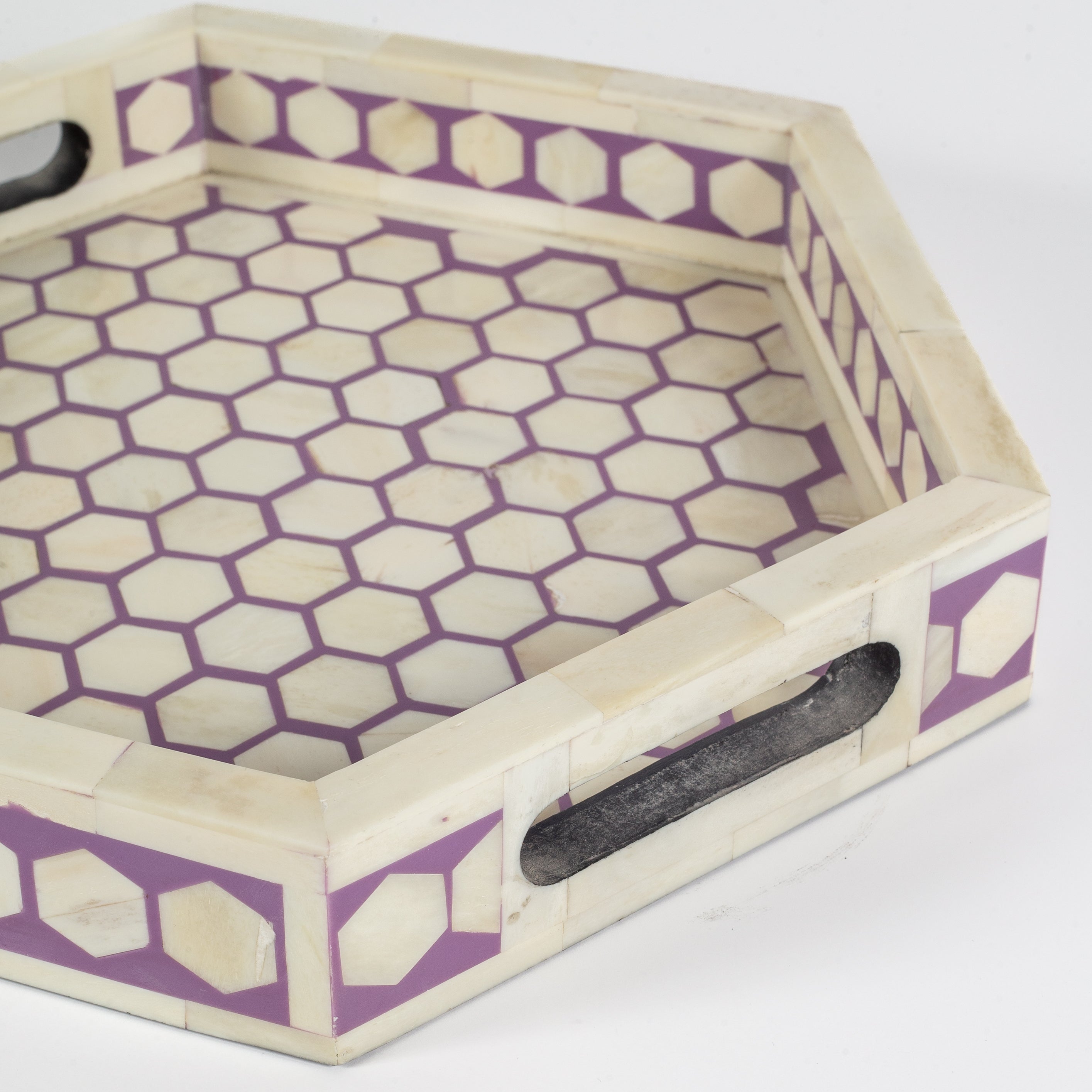 Vaan Tray – Purple Bone Inlay by Tabeer Homes, handcrafted geometric bone-inlay decorative tray.