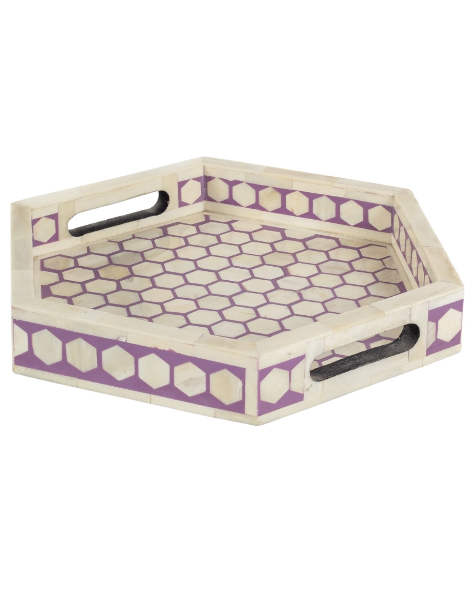 Purple bone inlay tray with hexagonal pattern, handcrafted decorative serving tray.