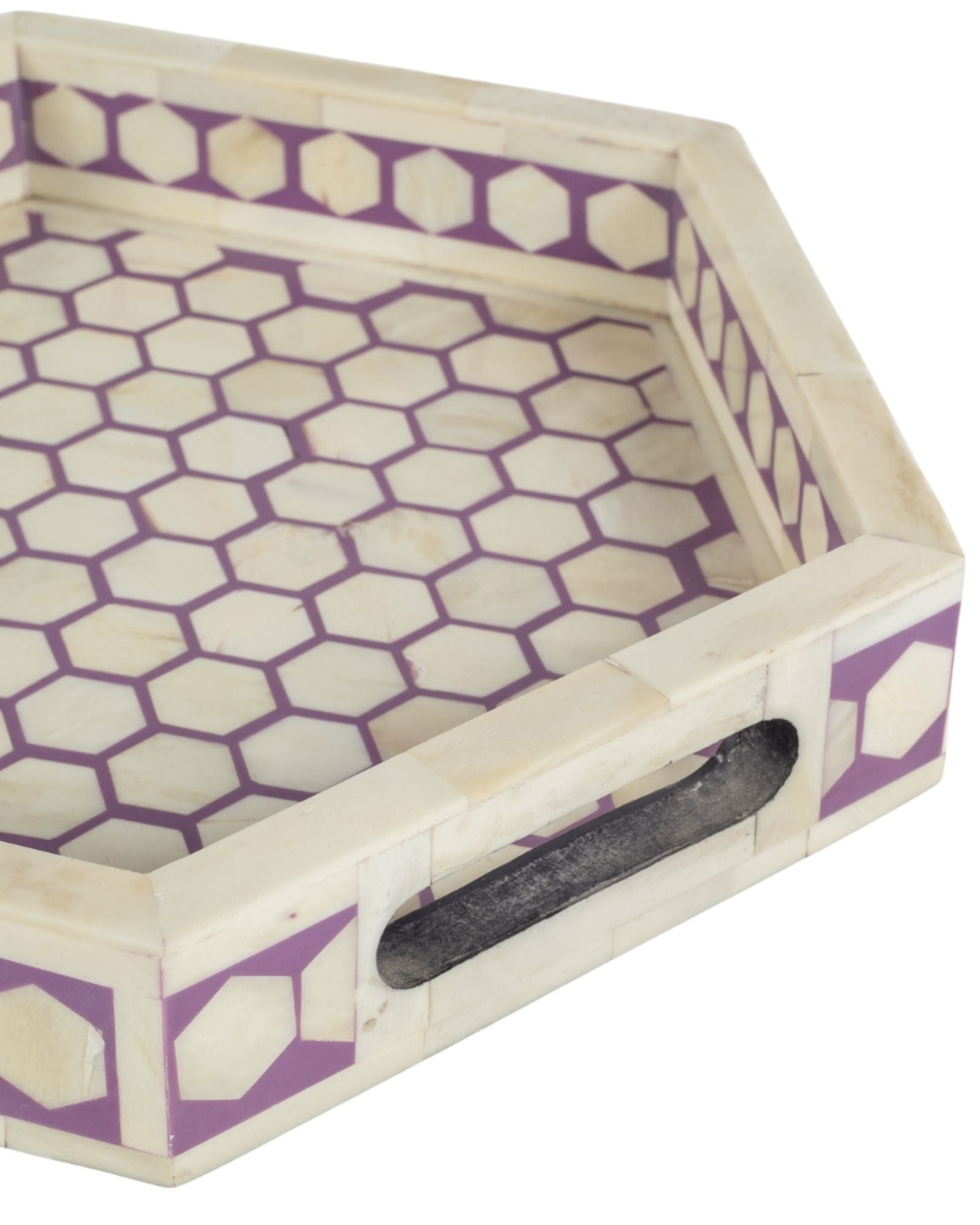 Purple bone inlay tray with hexagonal pattern, handcrafted decorative serving tray.