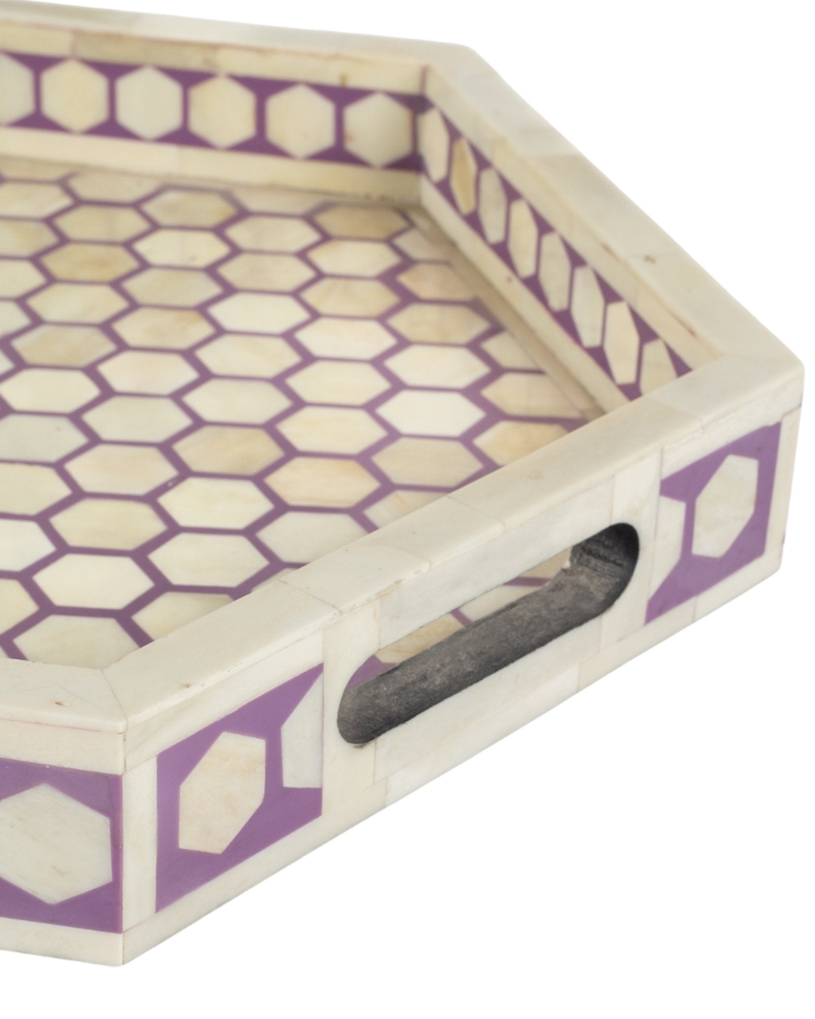 Purple bone inlay tray with hexagonal pattern, handcrafted decorative serving tray.
