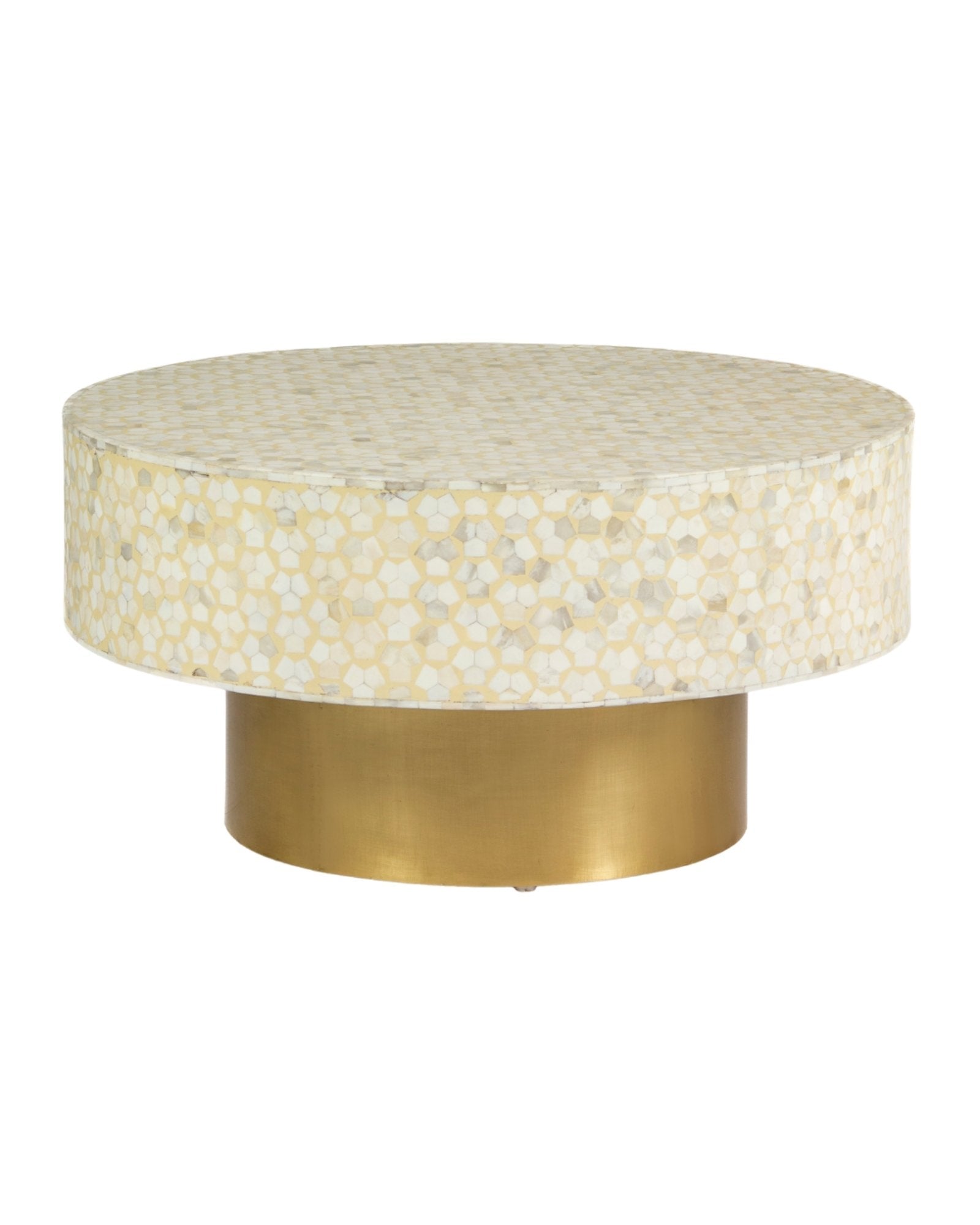 Round cream bone inlay coffee table with mosaic pattern and a gold base. Available in two size variants for versatile use.