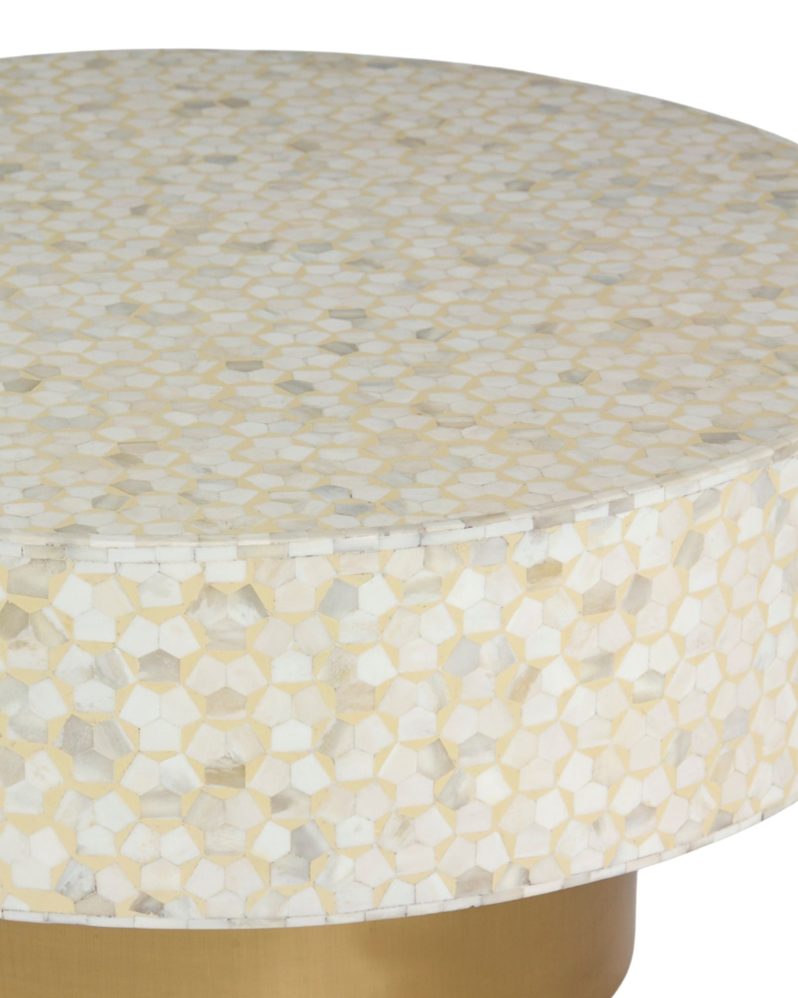 Round cream bone inlay coffee table with mosaic pattern and a gold base. Available in two size variants for versatile use.