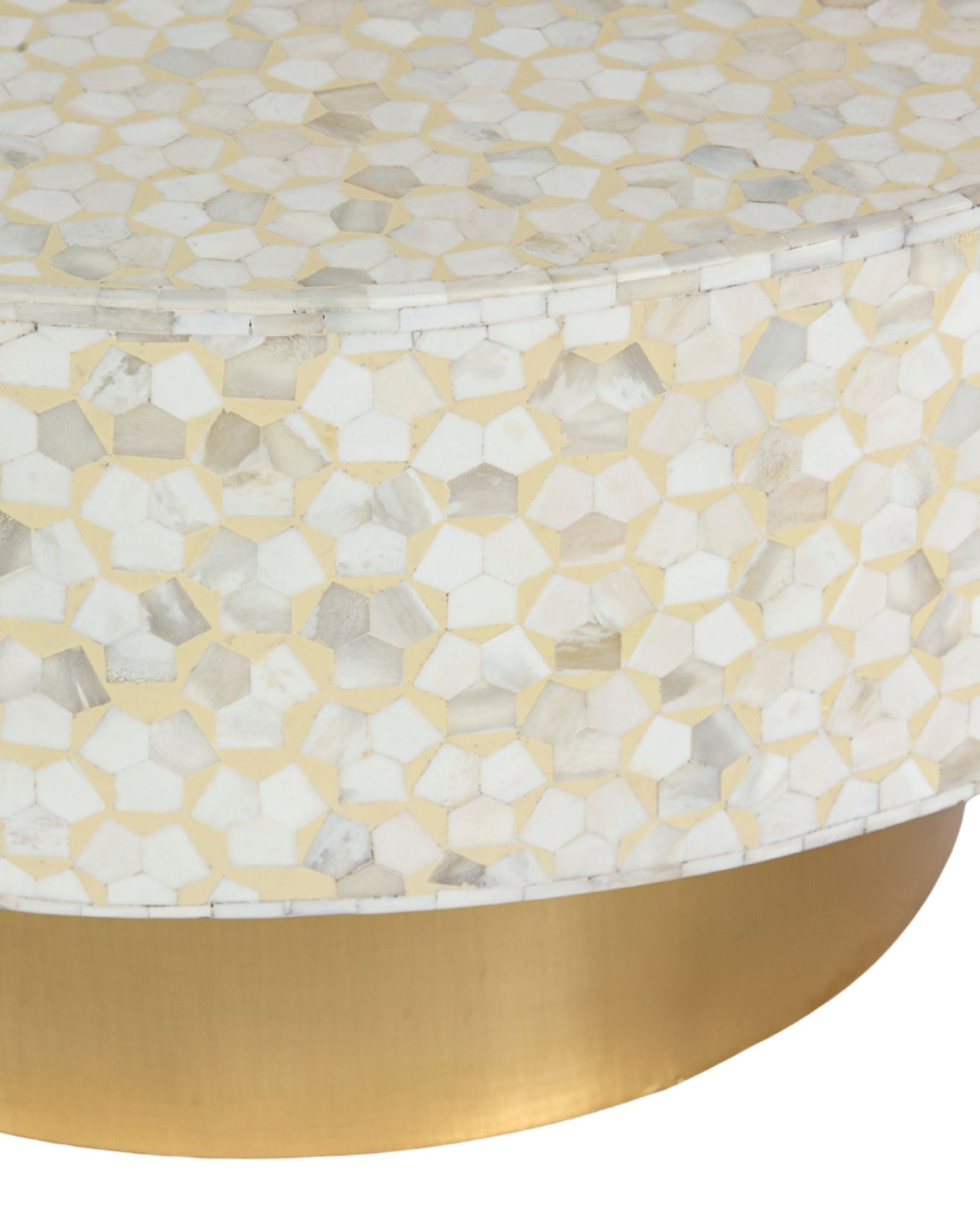 Round cream bone inlay coffee table with mosaic pattern and a gold base. Available in two size variants for versatile use.