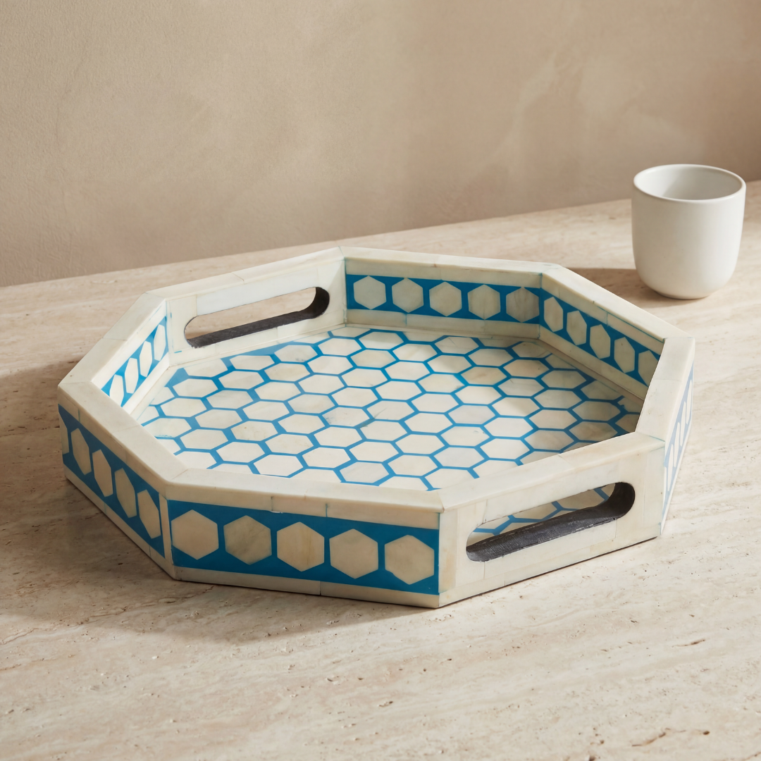 Blue bone inlay tray with hexagonal pattern, handcrafted decorative serving tray