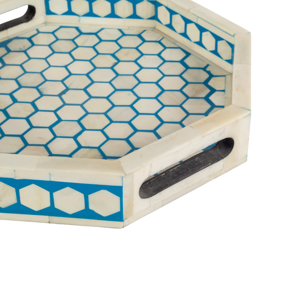 Blue bone inlay tray with hexagonal pattern, handcrafted decorative serving tray
