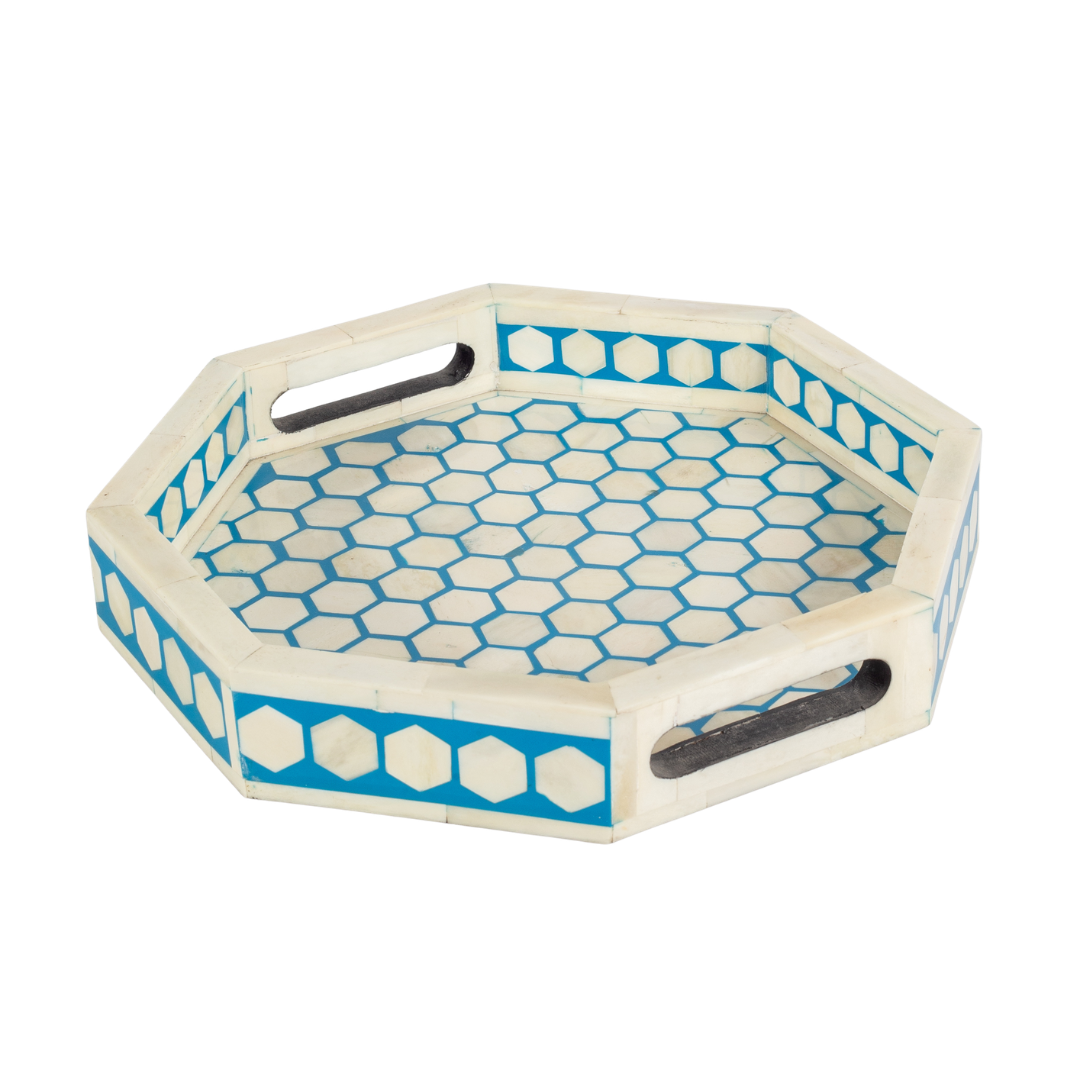 Blue bone inlay tray with hexagonal pattern, handcrafted decorative serving tray