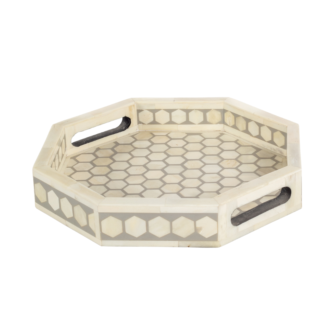Grey bone inlay tray with hexagonal pattern, handcrafted decorative serving tray