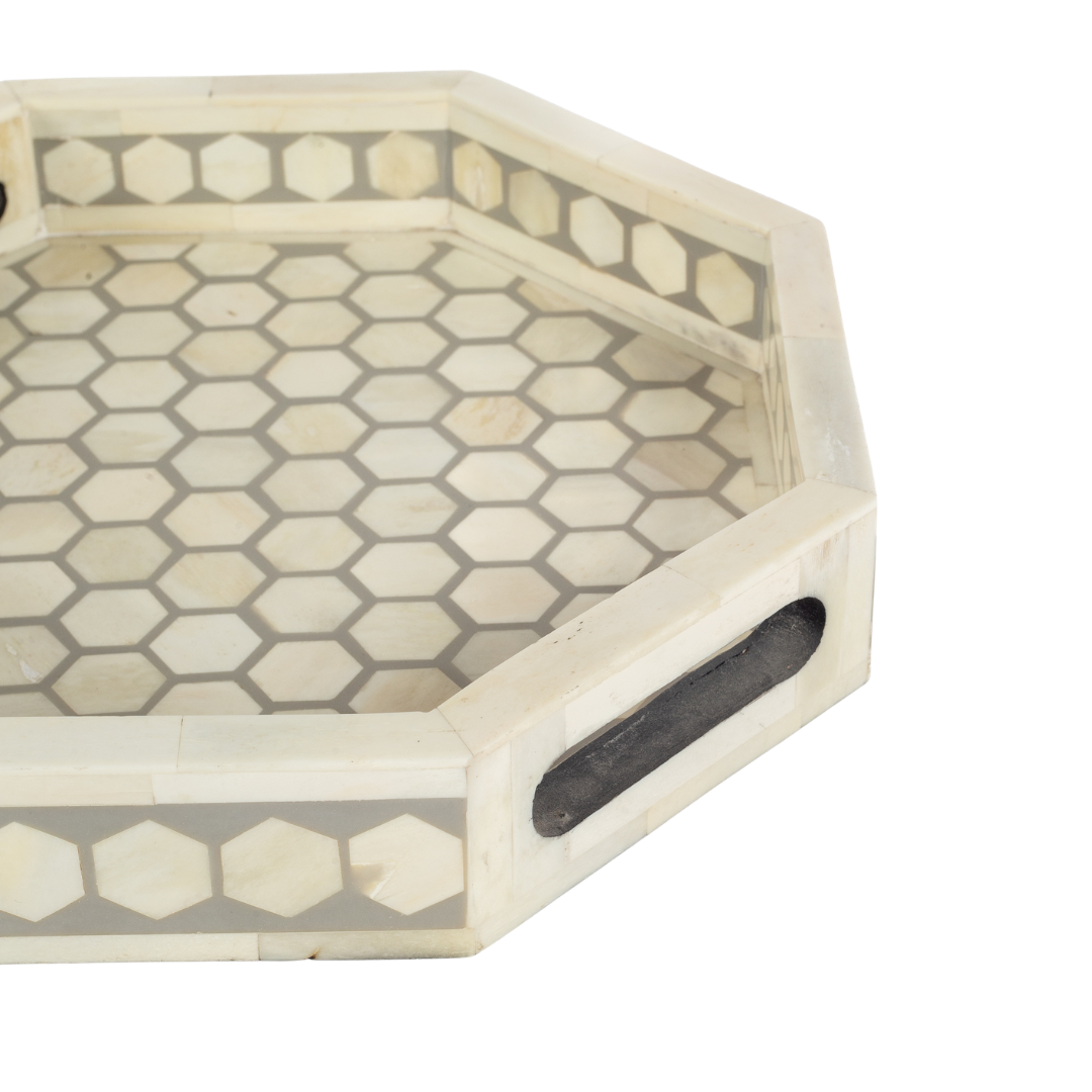 Grey bone inlay tray with hexagonal pattern, handcrafted decorative serving tray