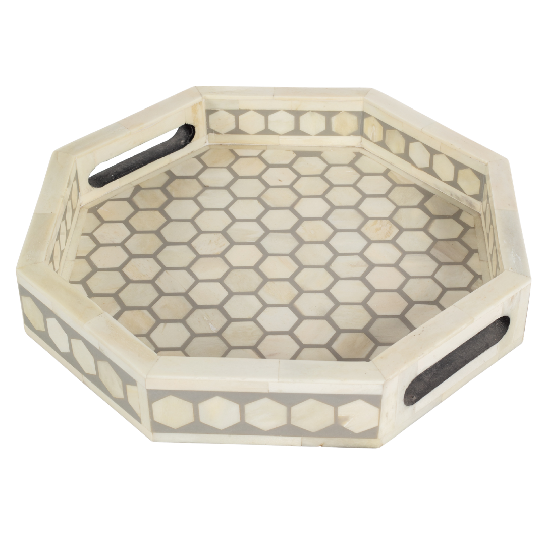Grey bone inlay tray with hexagonal pattern, handcrafted decorative serving tray