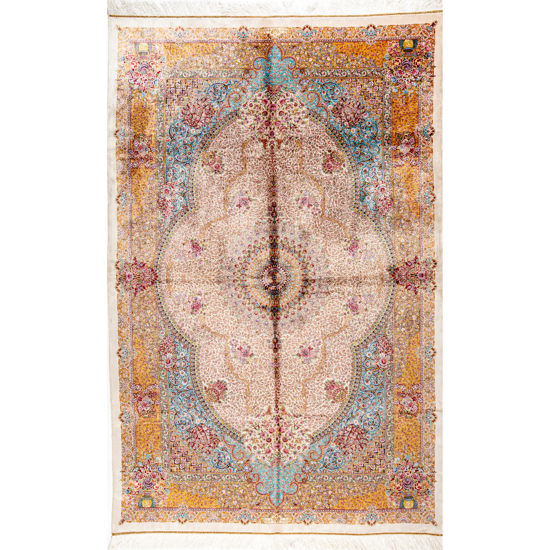 Silk Persian rug with a floral rosette medallion, ivory base, and ornate border in saffron, turquoise, plum, and blush tones.