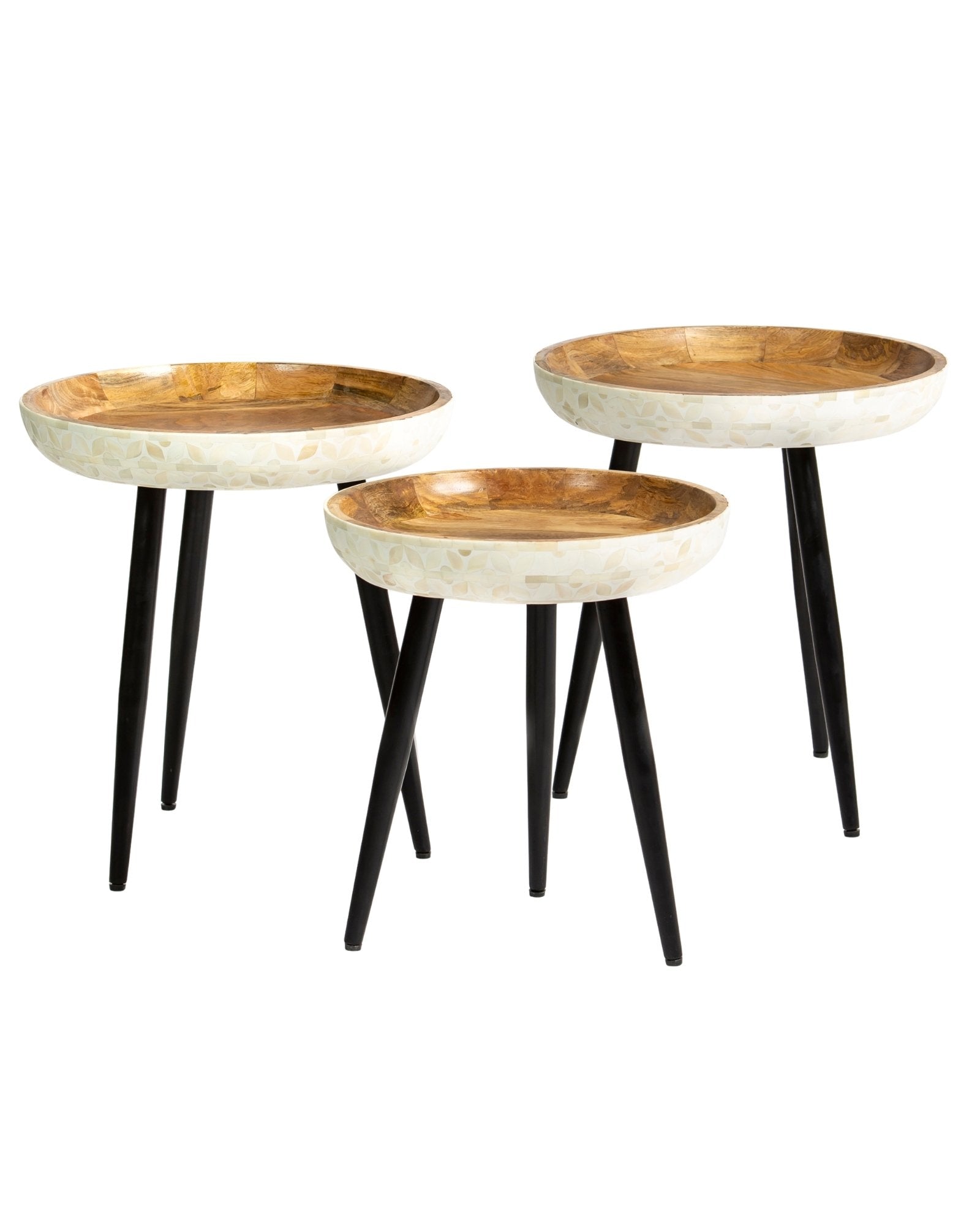Bone inlay side table featuring textured mosaic pattern in white with wooden top, handcrafted furniture piece.